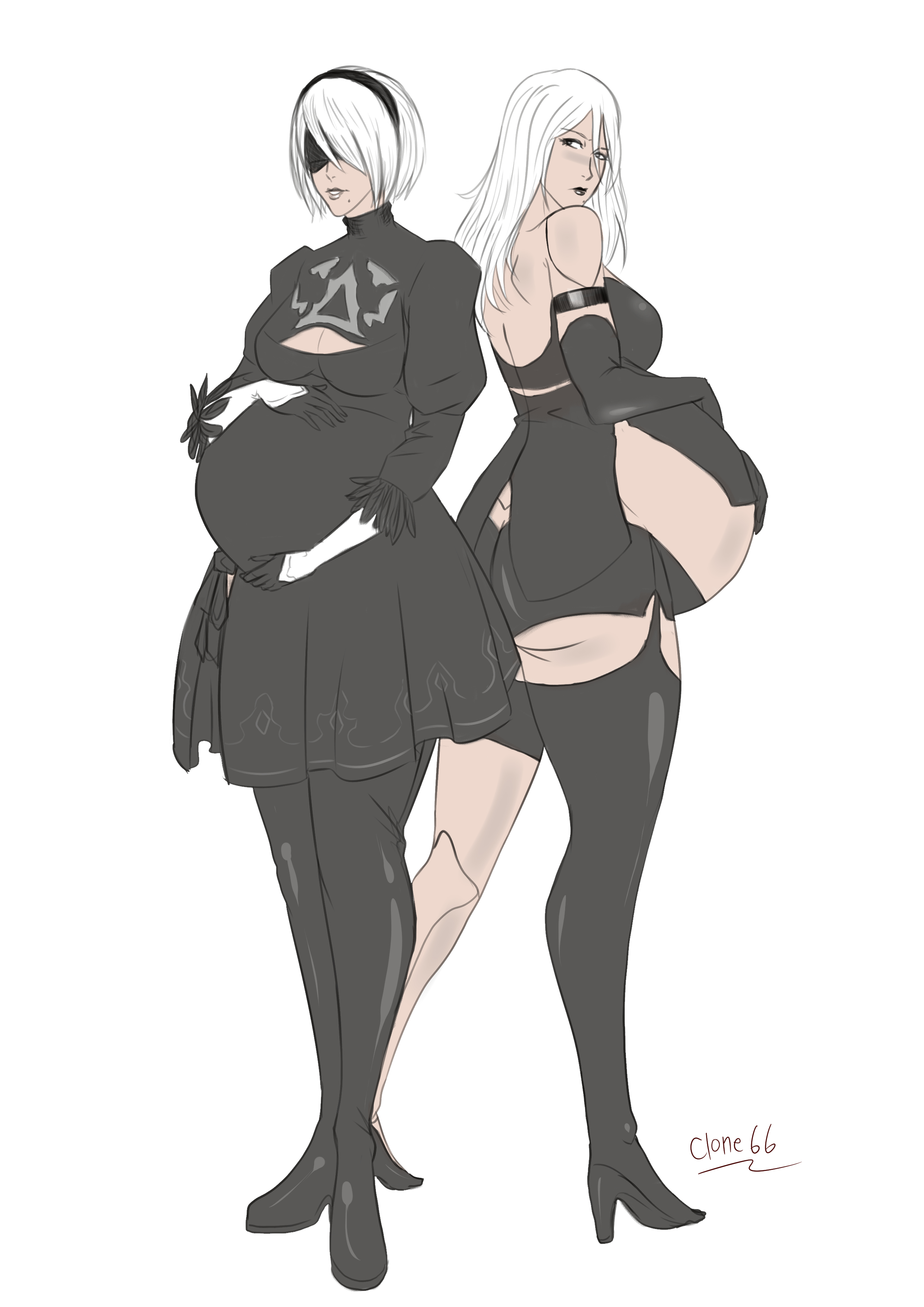 2girls, ass, belly, big belly, blindfold, breasts, clone66, clothing, female, female only, hairband, light skin, light-skinned female, nier, nier: automata, pregnant, pregnant belly, standing, white background, white hair, yorha 2b, yorha a2