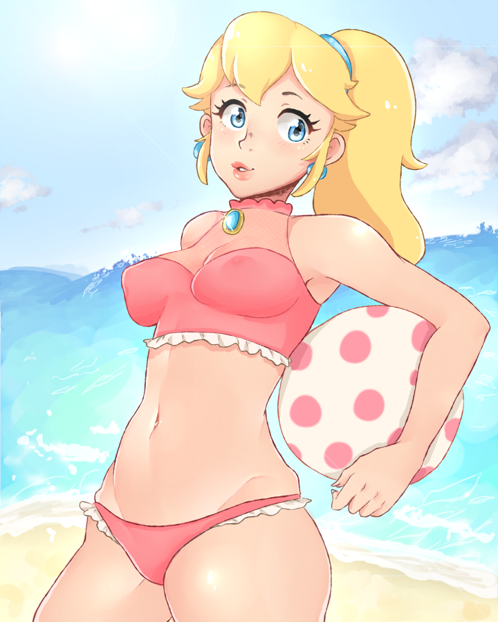 1girls ball beach beach_ball belly_button bikini bikini_bottom bikini_top blonde_hair blue_eyes breasts covered_breasts covered_nipples cute female female_only hikikomoriamy kissable_lips light-skinned_female long_eyelashes looking_at_viewer mario_(series) midriff navel nipple_piercing nipples nipples_visible_through_clothing normal_breasts ocean outdoors pearl_earrings pelvic_line pink_clothing pink_swimsuit ponytail princess_peach sand slender_waist solo solo_female swimsuit thighs tight_clothing tight_fit two_piece_swimsuit visible_nipples