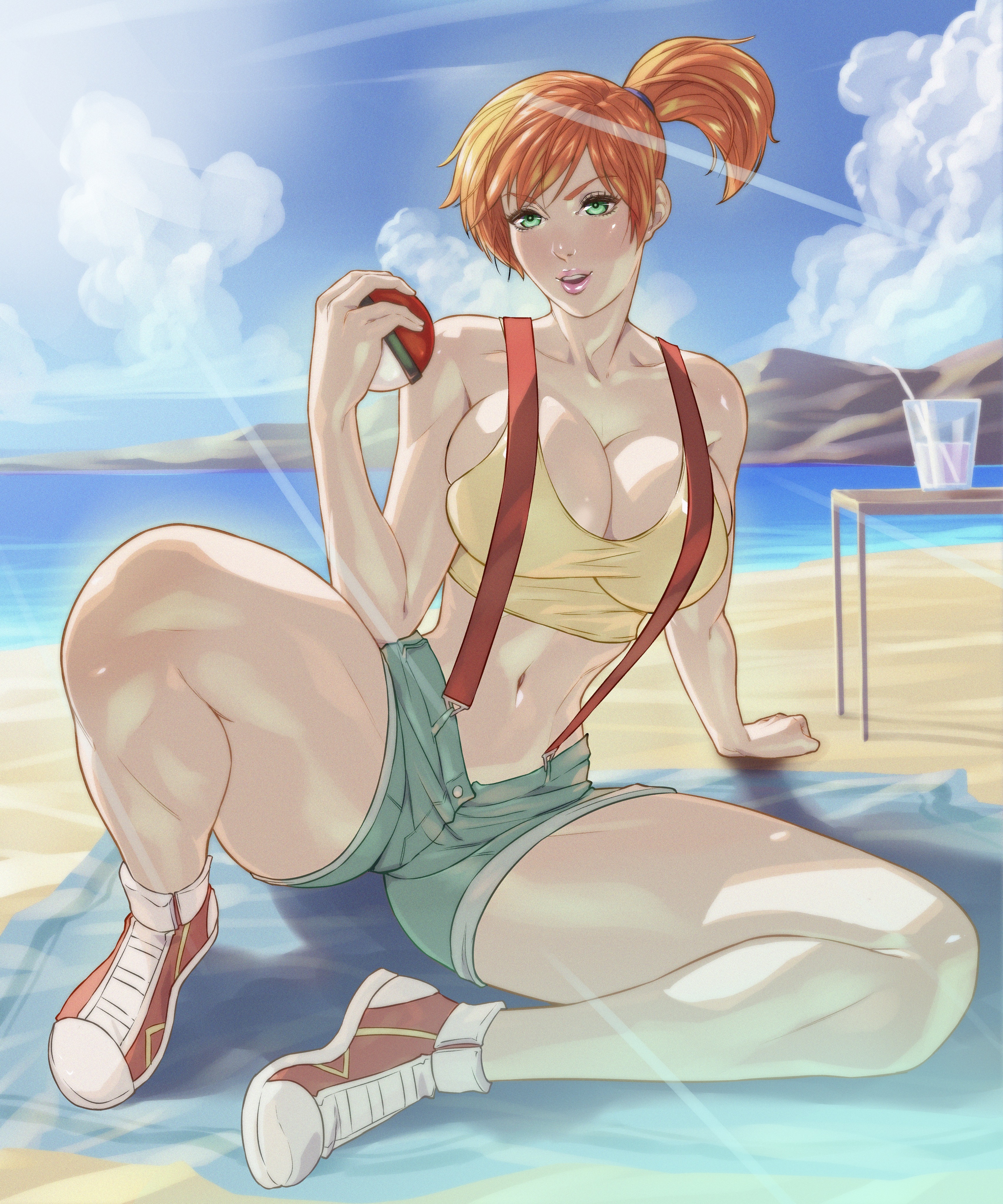 1girls, arttoru, beach, big breasts, breasts, cleavage, clothed, clouds, drink, female, female only, fully clothed, green eyes, human, human only, kasumi (pokemon), legs apart, ocean, orange hair, pokemon, ponytail, sand, shoes, sneakers, solo, sunlight, table, thick thighs, tomboy, towel, voluptuous