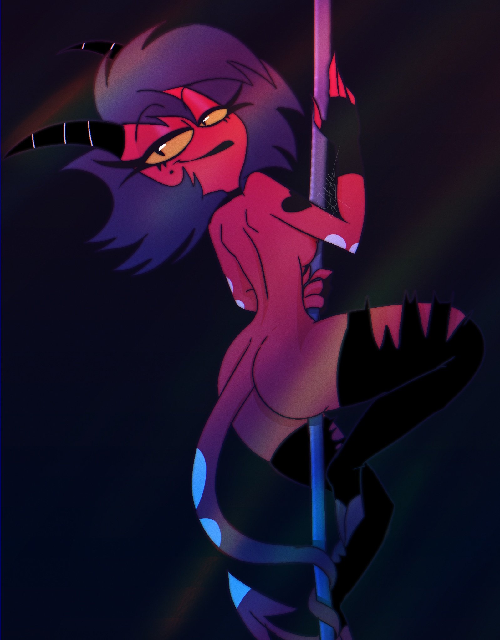 1girls, armwear, ass, bare ass, bare shoulders, black eyes, black hair, black lipstick, breasts, demon, demon girl, demon horns, demon tail, female, female focus, female only, fingerless gloves, footwear, half-closed eyes, heart, helluva boss, holding, holding pole, horn, horns, horny, imp, kkcq20yk0db5mak, legwear, long tail, looking back, millie (helluva boss), no panties, nude, nude female, pole, pole dancer, pole dancing, presenting, presenting ass, red body, red skin, ripped clothing, short hair, small breasts, smile, smiling, solo, solo female, tattoo, thighhighs, two-tone body, two-tone skin, two-tone tail, vivienne medrano, white body, white skin
