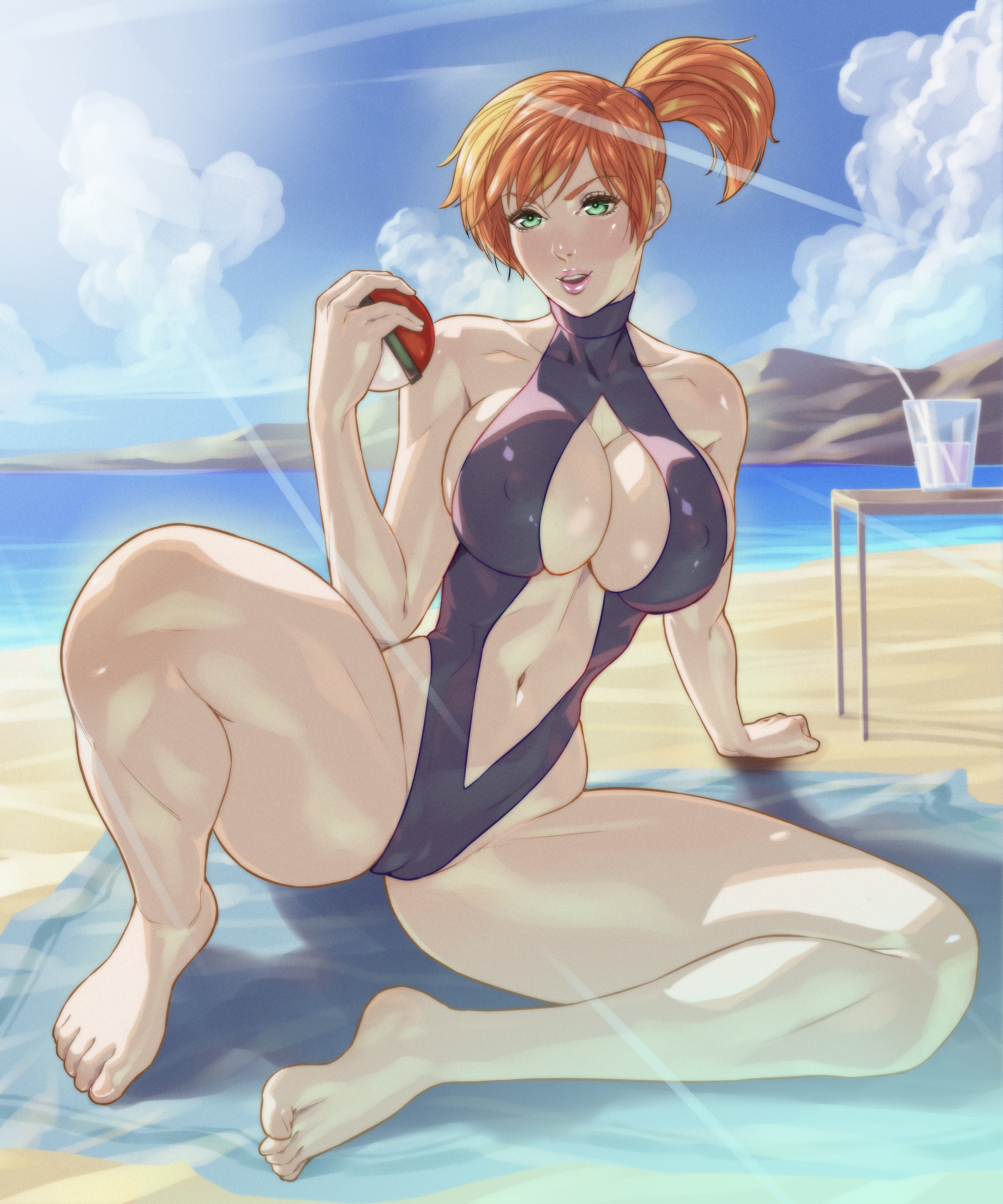 1girls, arttoru, barefoot, beach, big breasts, bikini, breasts, cameltoe, clouds, drink, female, female only, green eyes, kasumi (pokemon), legs apart, ocean, orange hair, pokemon, ponytail, pussy, sand, solo, sunlight, swimsuit, table, thick thighs, tomboy, towel, voluptuous