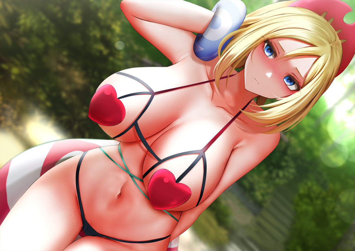 1girls, 2022, alternate breast size, bikini, blonde hair, blue eyes, blush, breasts, embarrassed, female, female only, ginhaha, hair ornament, hips, huge breasts, irida (pokemon), navel, nintendo, no text, outdoors, pokemon, pokemon legends: arceus, red bikini, revealing clothes, short hair, slim waist, thick thighs, thighs, wide hips