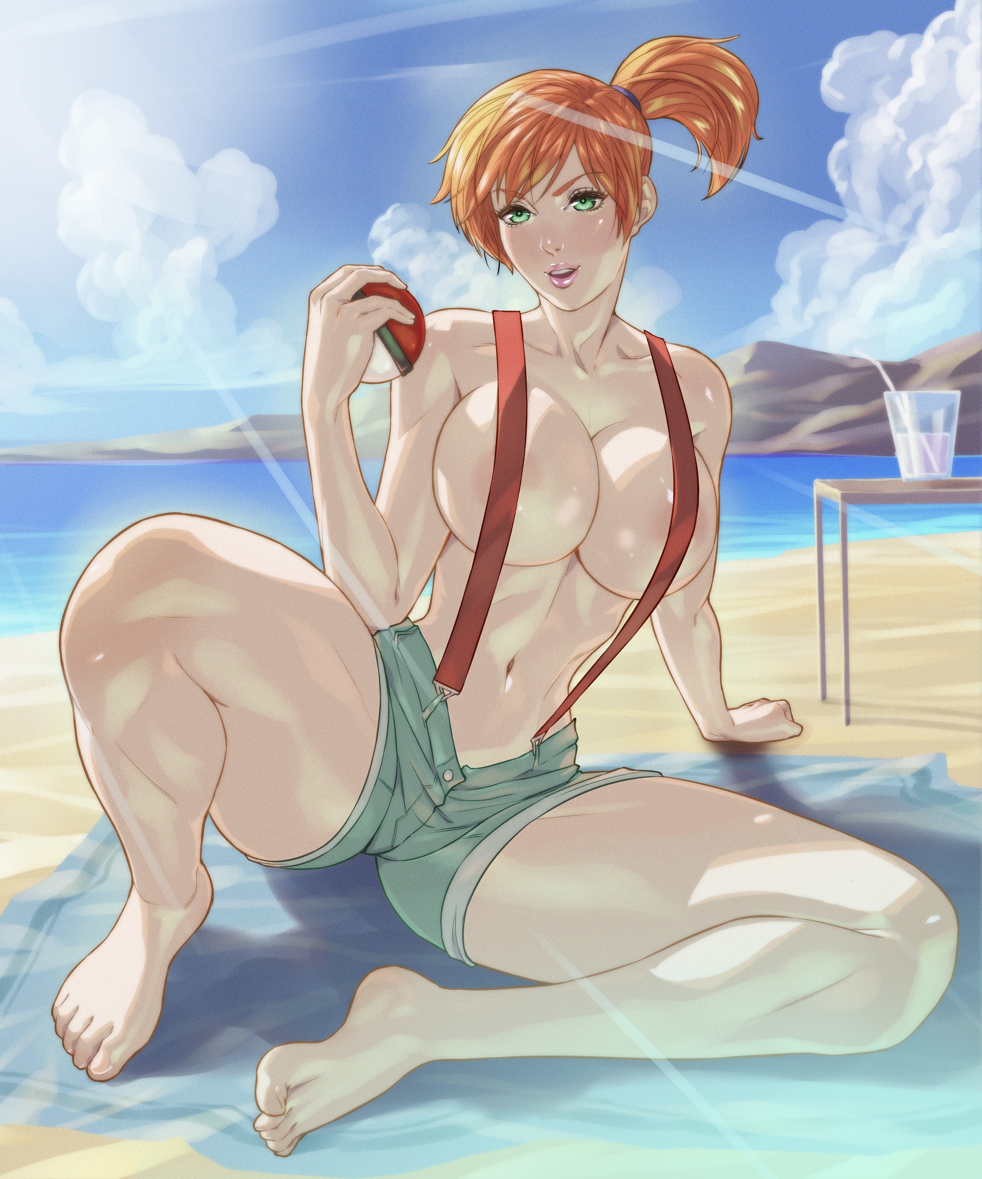 1girls, arttoru, barefoot, barely clothed, beach, big breasts, breasts, clouds, drink, favorite, female, female only, green eyes, human, human only, kasumi (pokemon), legs apart, ocean, orange hair, pokemon, ponytail, sand, shorts, solo, sunlight, table, thick thighs, tomboy, towel, voluptuous