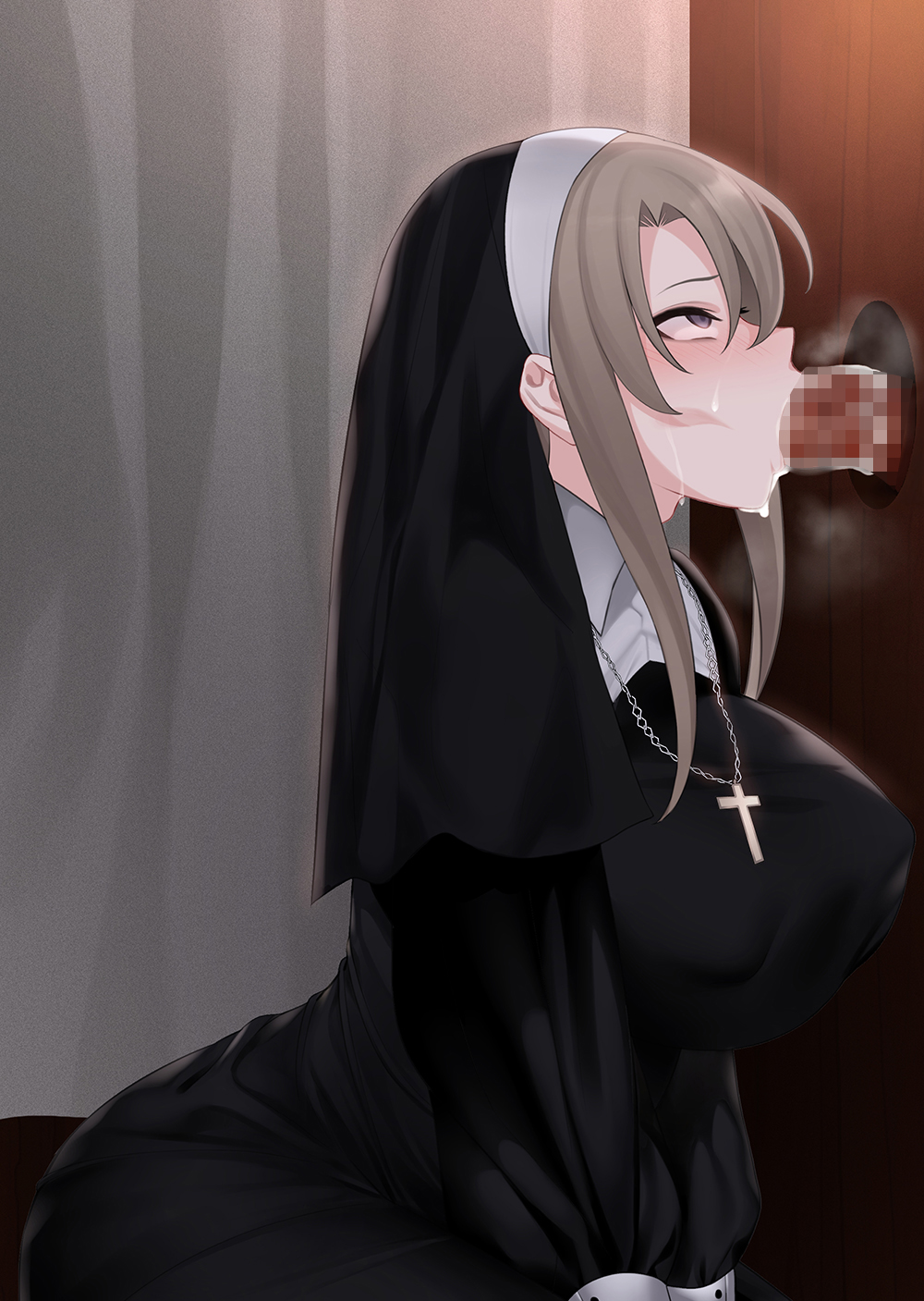 1boy ahe_gao black_dress blush breasts brown_hair censored confession_booth covered_nipples cross cum dress facial fellatio female glory_hole habit highres impossible_clothes impossible_dress indoors jjanda kneeling_oral_position large_breasts leaning_forward long_hair long_sleeves mosaic_censoring no_hand_blowjob nun oral original penis purple_eyes rosary sitting solo_focus straight