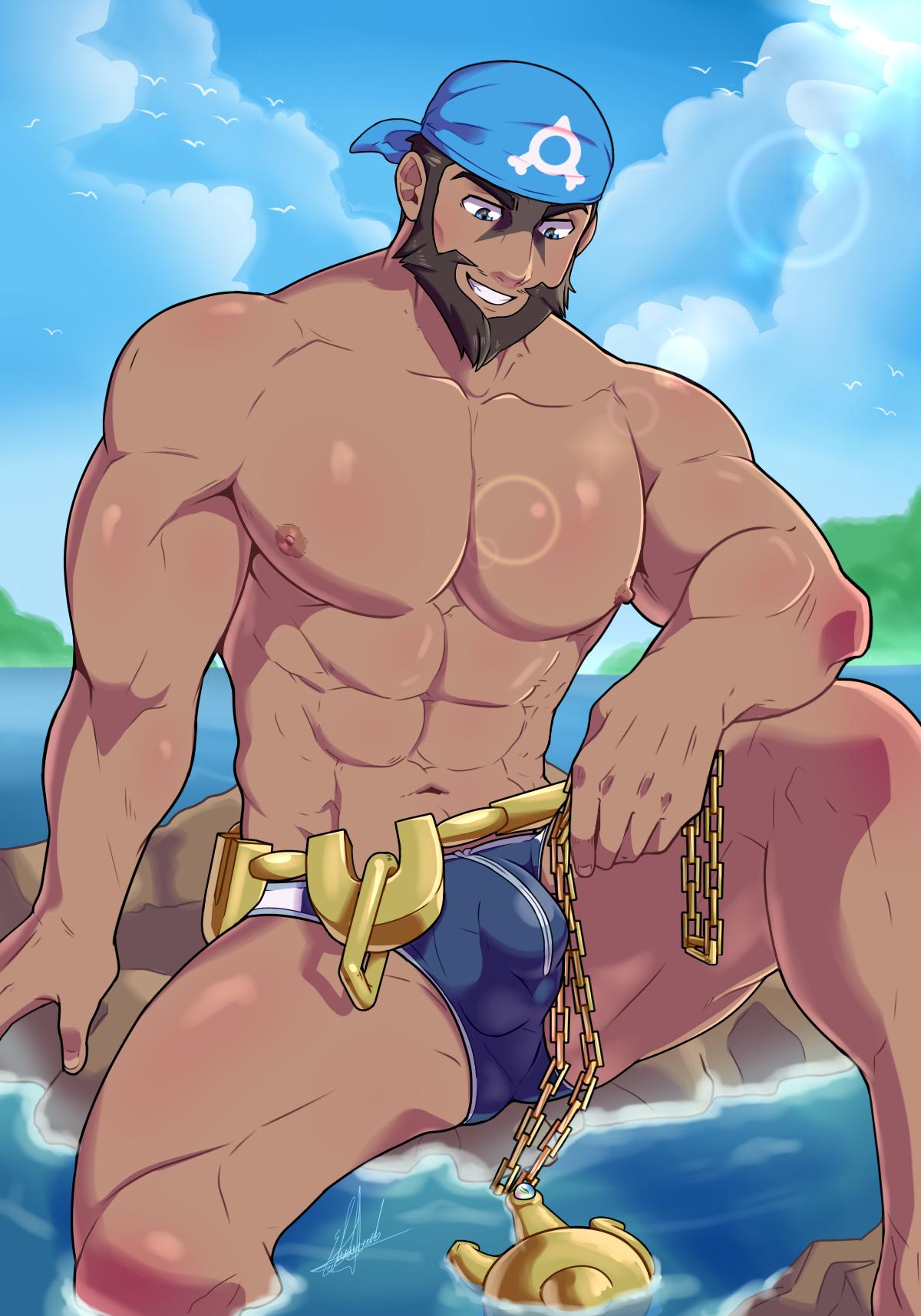1boy, abs, archie (pokemon), balls, bara, bulge, detailed bulge, edd layerex, flaccid, gay, male, male only, muscles, muscular, muscular male, navel, nipples, pecs, penis, pokemon, shirtless, shirtless male, solo, solo male, speedo, speedo only, team aqua, topless, topless male, yaoi