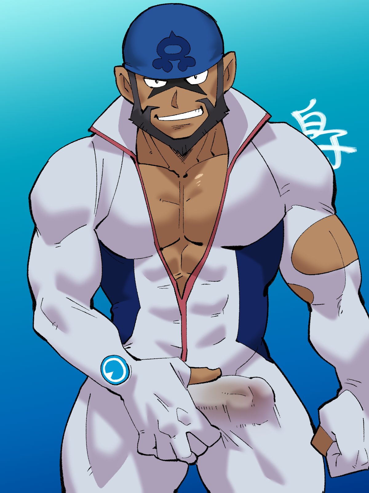 41raco alternate_costume archie_(pokemon) bara beard big_hands blue_background boner bulge clothed dark_skin erection facial_hair gay grabbing_bulge gradient_background kirupi looking_at_viewer male male_only muscles muscular penis pokemon pokemon_masters_ex simple_background smile solo solo_male team_aqua