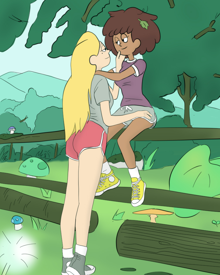 2020 2020s 2girls alternate_hairstyle alternate_outfit amphibia anne_boonchuy bottomwear comforting dark-skinned_female dark_skin disney disney_channel disney_xd dolphin_shorts female_only footwear fully_clothed hand_on_thigh holding_shoulder human interracial light-skinned_female light_skin looking_at_partner messy_hair monochromia outdoors pale_skin running_shorts sasha_waybright shorts sportswear straight_hair teenage_girl teenager teenager_on_teenager young yuri