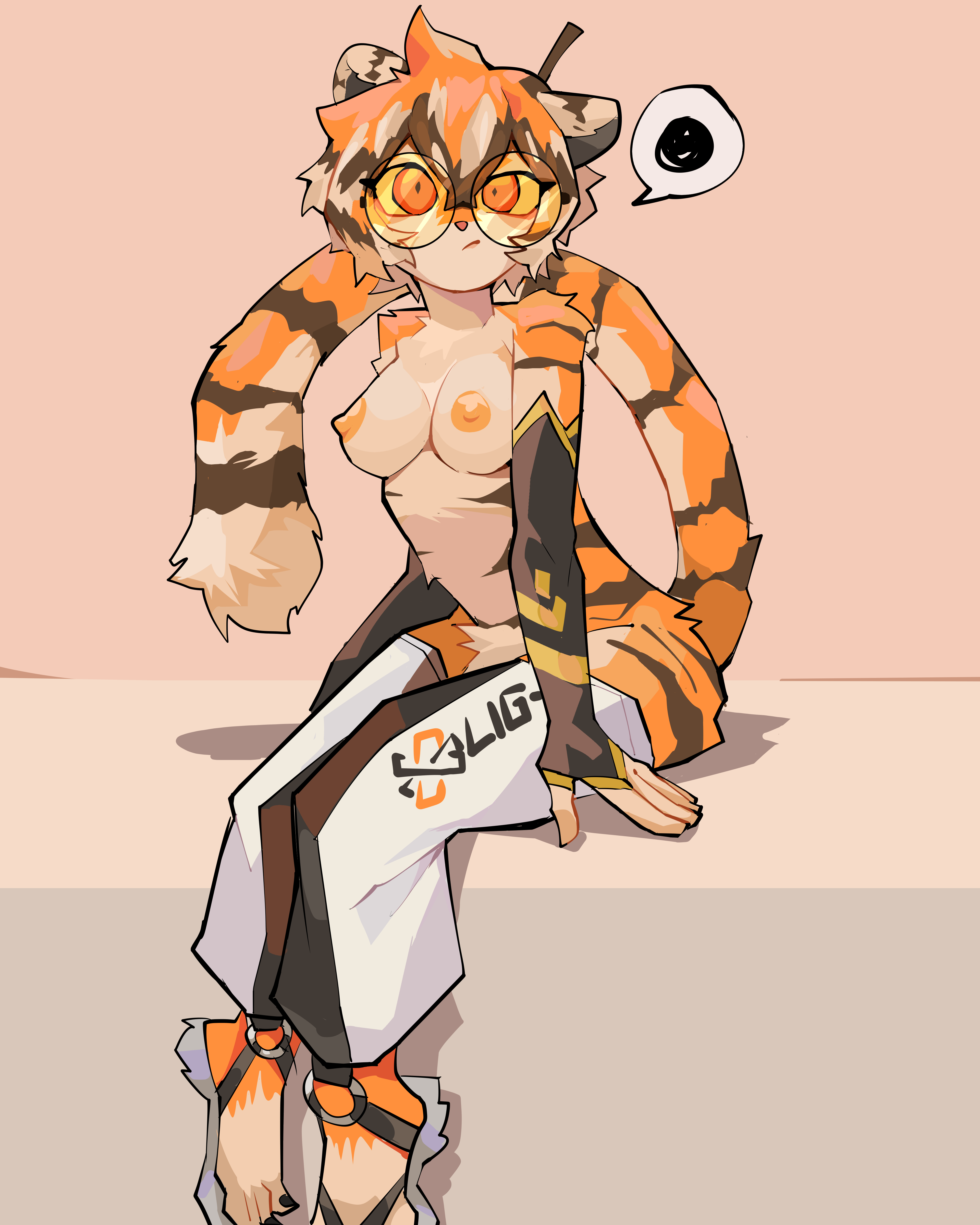 1girls, animal ears, areolae, arknights, breasts, diforland, exposed breasts, female, female only, fur, furry, furry only, glasses, highres, looking at viewer, medium breasts, nipples, no bra, orange eyes, orange fur, orange-tinted eyewear, partially clothed, round glasses, sitting, solo, speech bubble, spoken squiggle, sunglasses, tagme, tail, tinted eyewear, waai fu (arknights)