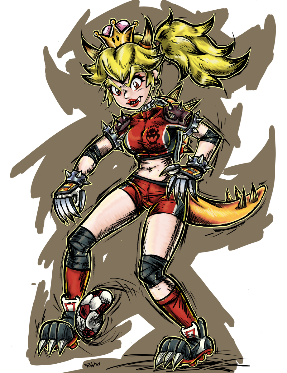 belly_button blonde_hair booty_shorts bowsette fangs football football_(ball) football_player football_uniform horns mario_(series) mario_strikers midriff midriff_baring_shirt monster_girl navel new_super_mario_bros._u_deluxe red_eyes rubtox short_shorts shorts shoulder_pads soccer soccer_uniform spiked_collar spikes super_crown tail