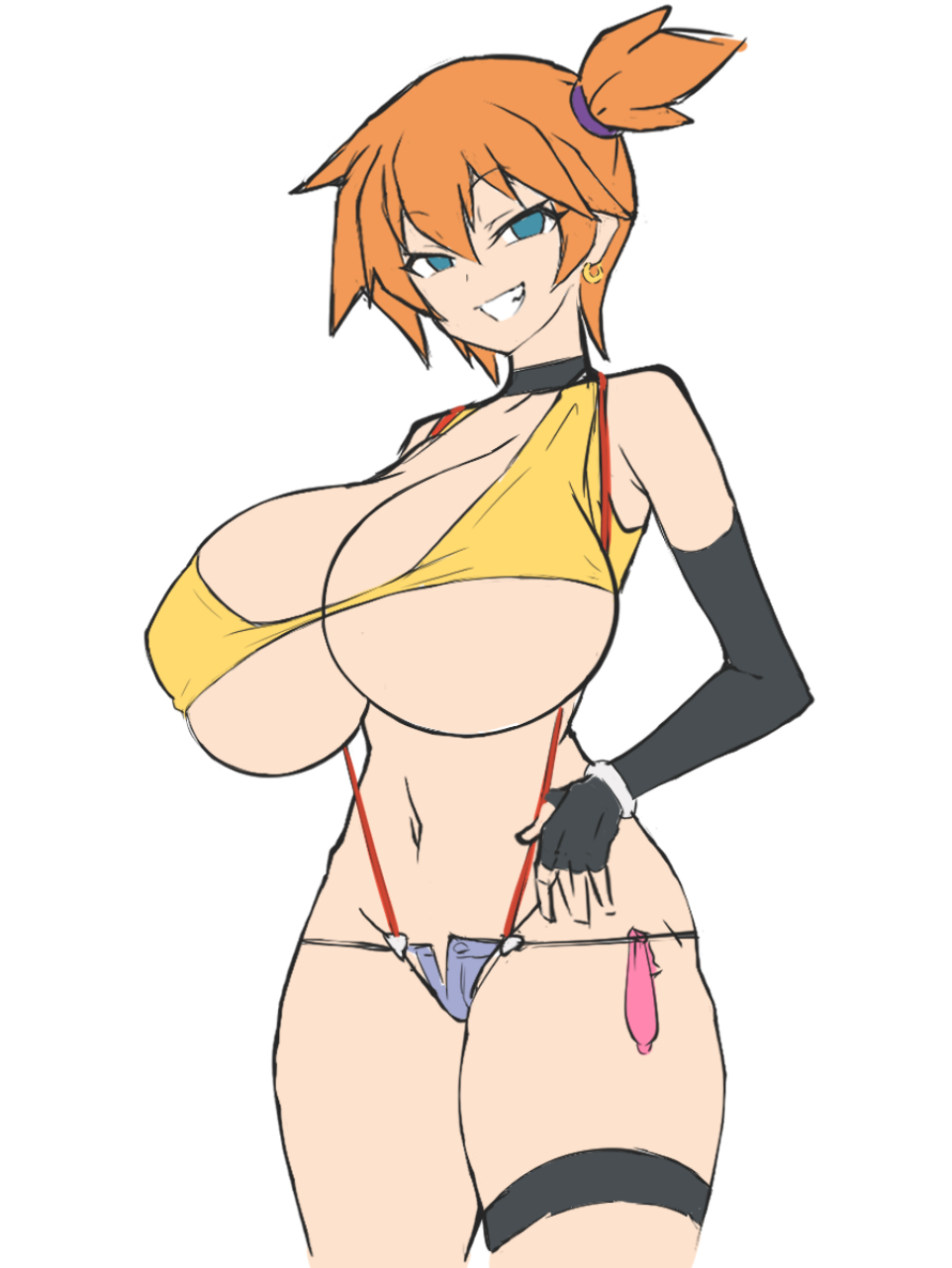 adapted costume, armpits, asymmetrical hair, bare arms, bare legs, bare shoulders, blush, breast slip, breasts, cleavage, clothing, condom, condom accessories, cowboy shot, dd (artist), denim, denim shorts, earrings, female, gloves, green eyes, gym leader, high resolution, huge breasts, kasumi (pokemon), large breasts, legs, looking at viewer, navel, nintendo, orange hair, pokemon, pokemon (game), pokemon character, pokemon rgby, ponytail, shirt, short hair, short shorts, shorts, side ponytail, simple background, smile, solo, standing, tank top, thick thighs, thighs, tied hair, underboob, white background, white shirt, wide hips
