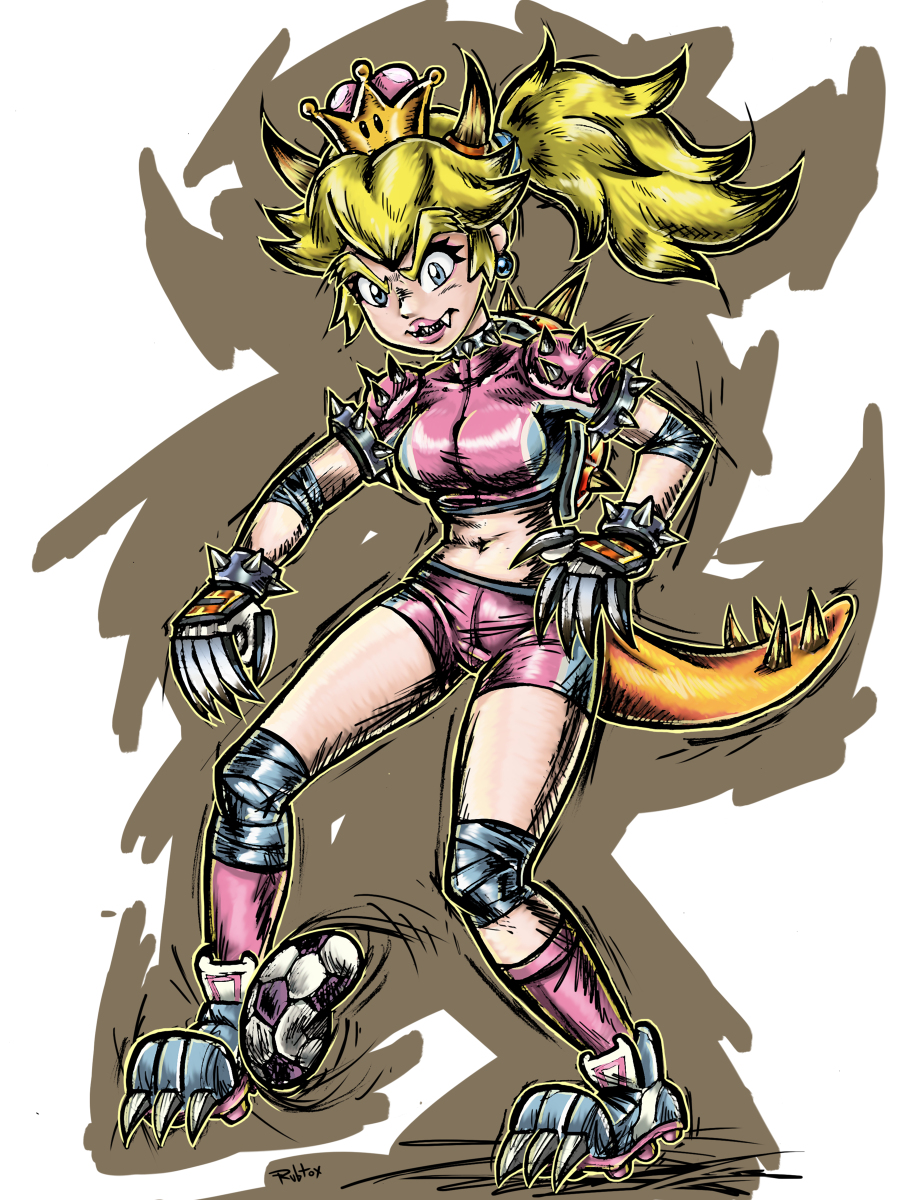 belly_button blonde_hair blue_eyes booty_shorts bowsette football football_(ball) football_player football_uniform horns mario_(series) mario_strikers midriff midriff_baring_shirt monster_girl navel new_super_mario_bros._u_deluxe pink_clothing rubtox short_shorts shorts shoulder_pads soccer soccer_uniform spiked_collar spikes super_crown tail