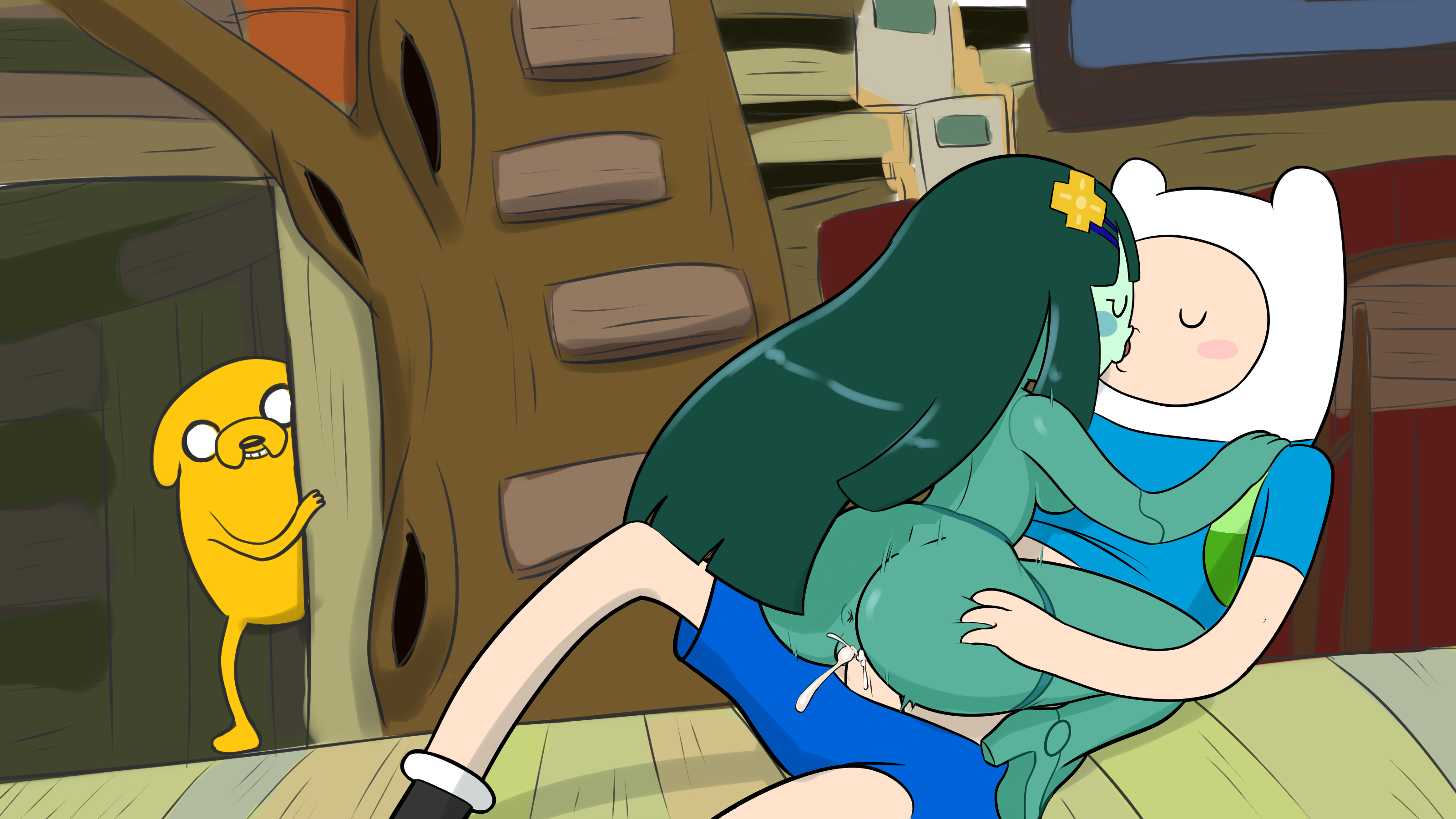 adventure time, anus, ass, ass grab, backpack, bag, blonde hair, blush, blushing, bmo, cartoon network, clothed male nude female, cowgirl position, cum, cum inside, cumming, cumshot, female, finn the human, green body, green hair, green skin, hair ornament, high heels, human, interspecies, jake the dog, kiss, kissing, long hair, male, pale skin, penetration, penis, pussy, robot, robot girl, sex, shortstack, spying, vaginal penetration