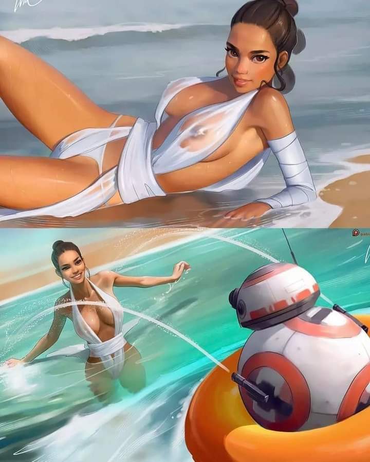 athletic_female bb-8 beach breasts brown_eyes brown_hair cleavage clothed clothed_female clothing day droid eyes hair happy human looking_at_viewer lying medium_breasts mironishin nipples nipples_visible_through_clothing on_back open_eyes outside parted_lips patreon pose rey robe robot sand see-through see-through_clothing signature smile soaked spread_arms star_wars swimming tan_body teeth the_rise_of_skywalker water water_gun wet white_background