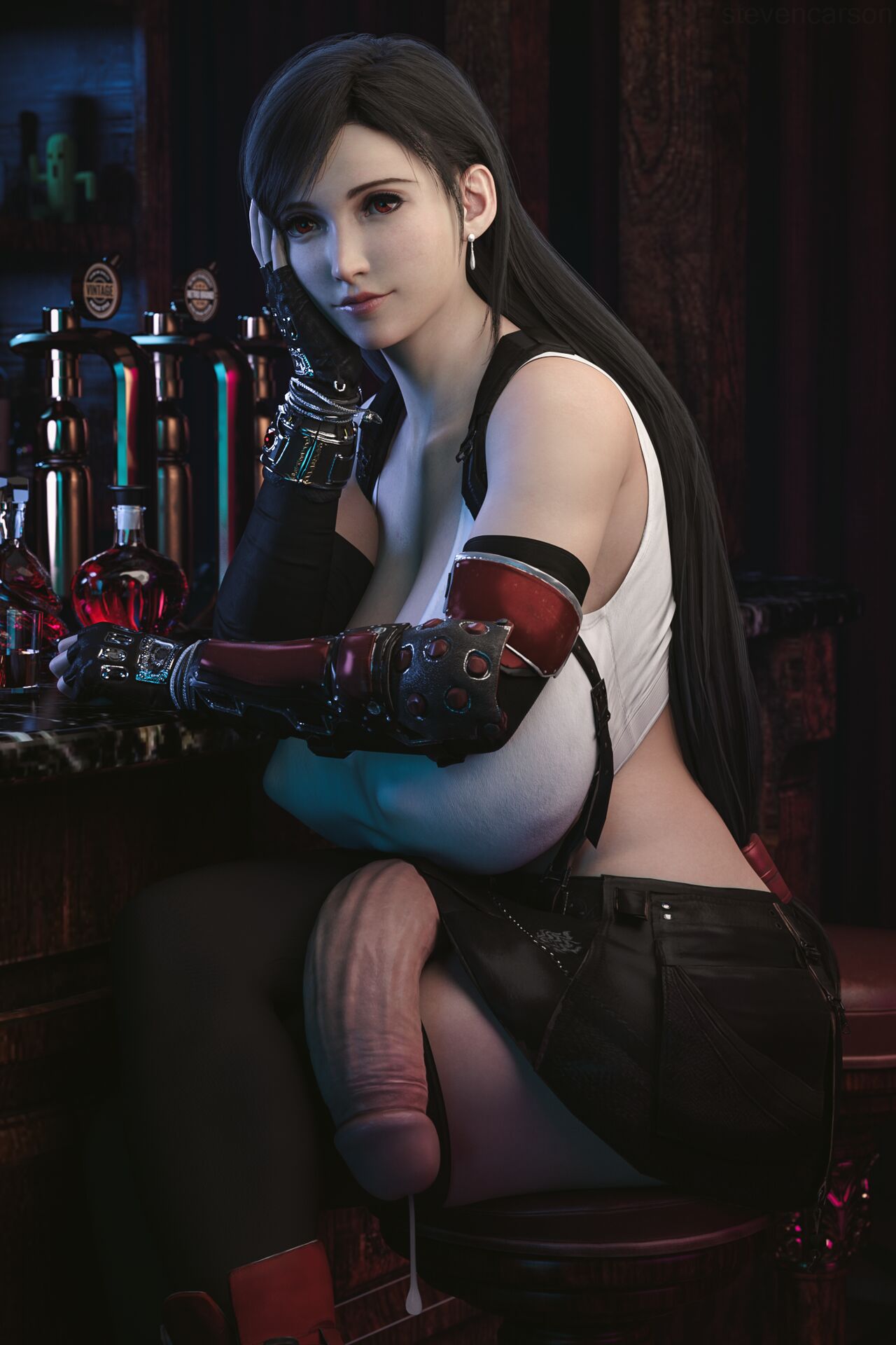 1futa, 3d, balls, big balls, big breasts, big penis, breasts, final fantasy, final fantasy vii, futa only, futanari, huge breasts, huge cock, ineffective clothing, intersex, light skin, light-skinned futa, penis, precum, precum drip, solo, stevencarson, tifa lockhart