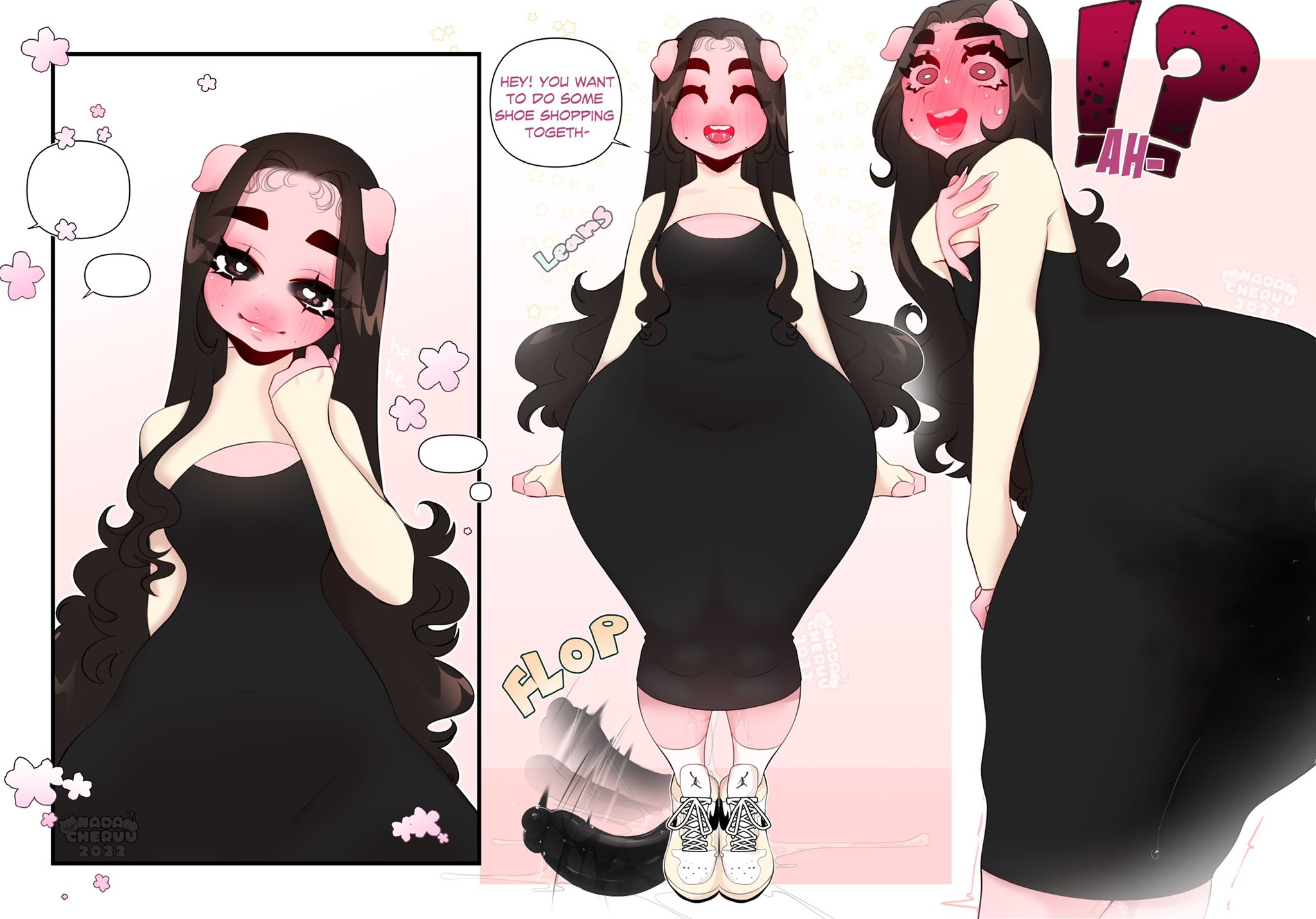 !?, 1girls, 2d, anthro, big dildo, black hair, blush, dildo, dress, female, furry, heart-shaped pupils, nada (nadacheruu), nadacheruulewd, pig girl, pink skin, solo, tagme