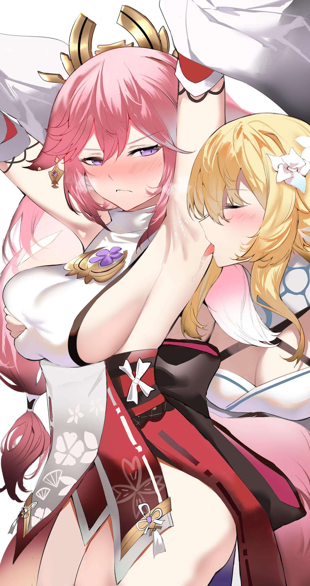 2girls, armpit, armpit fetish, arms up, blonde hair, blush, breast grab, breasts, closed eyes, female, female only, fox ears, fox girl, fox tail, genshin impact, groping, highres, large breasts, licking, licking armpit, lumine (genshin impact), open mouth, pink hair, purple eyes, saliva, shiben (ugvu5784), sideboob, tongue, tongue out, yae miko, yuri