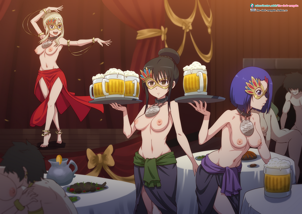 5girls beer blonde_hair blue_eyes blue_hair braless breasts brown_eyes brown_hair collar dancer dancing k-on! kotegawa_yui mask medium_breasts multiple_girls name_tag nipples open_mouth out_of_frame pixiv public_nudity purple_eyes rape red_skirt sairenji_haruna shirtless short_hair skirt_only slave smile the_dark_mangaka to_love-ru topless tsumugi_kotobuki_(k-on!) waitress