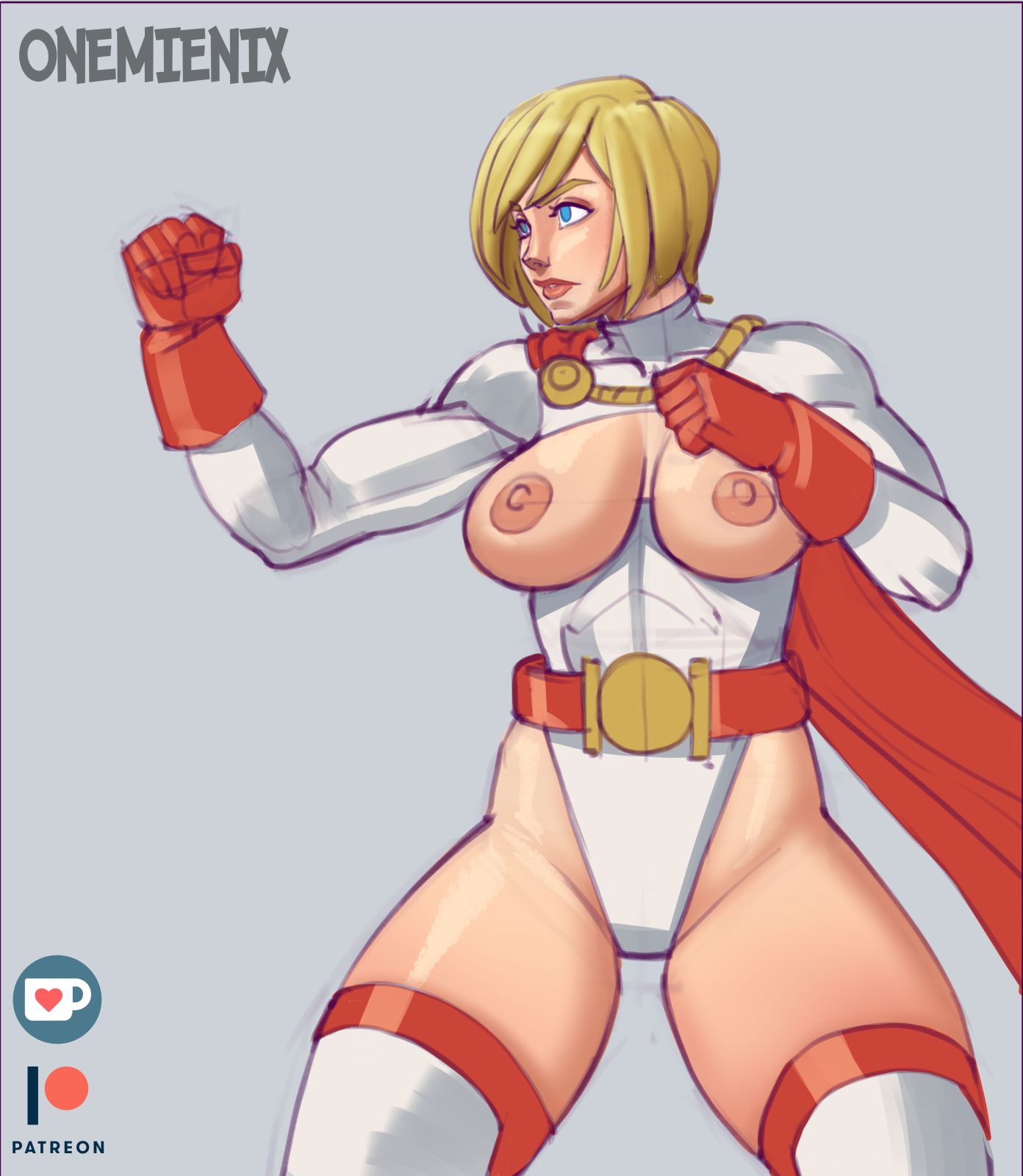 1girls, big breasts, blonde hair, blue eyes, breasts, dc, dc comics, exposed breasts, female, female only, karen starr, leotard, onemienix, power girl, short hair, superman (series), thick thighs