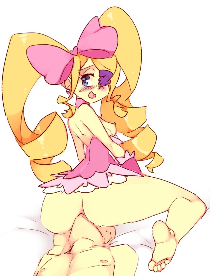 1girls, barefoot, blonde female, bottomless, breasts, breasts out, cunnilingus, facesitting, feet, female, harime nui, kill la kill, looking back, rtil