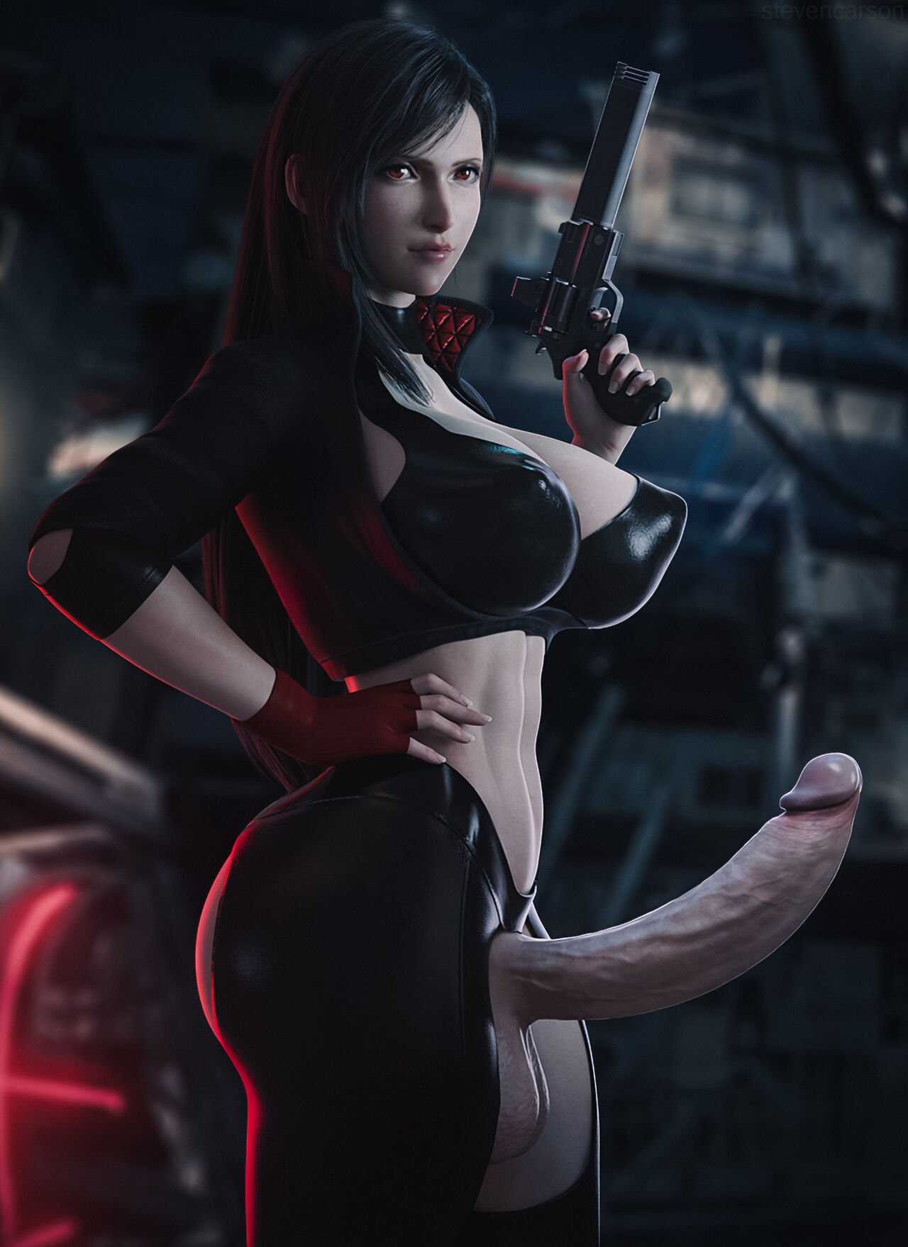 1futa, 3d, assless chaps, balls, big balls, big breasts, big penis, breasts, casual, casual erection, casual exposure, crotchless, final fantasy, final fantasy vii, firearm, futa only, futanari, gun, handgun, huge breasts, huge cock, human, intersex, light skin, light-skinned futa, mostly nude, pale skin, penis, revolver, solo, stevencarson, tank top, tifa lockhart, weapon