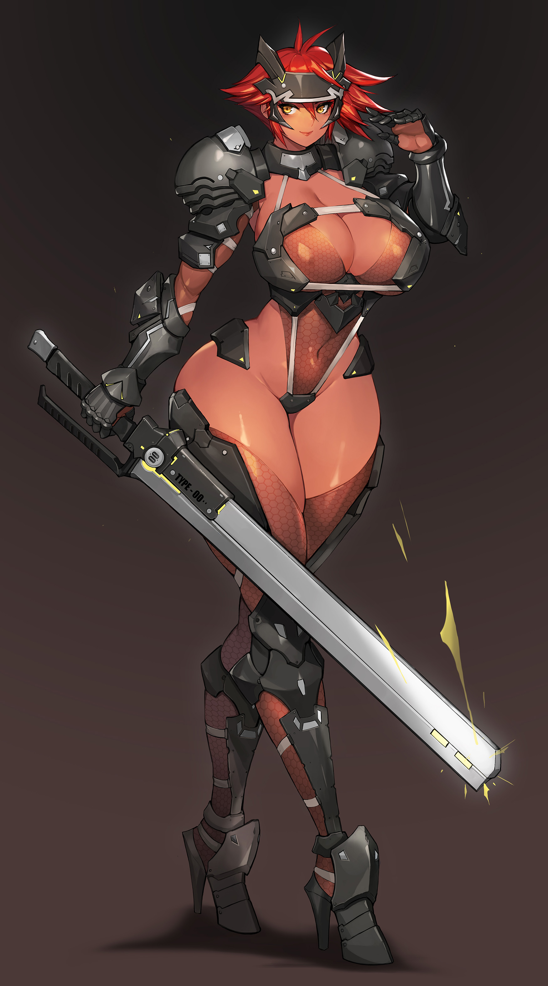 armor, ass, bare midriff, bare shoulders, belly button, bikini, bikini armor, boob window, breasts, cleavage, dark skin, dark-skinned female, female, functionally nude, functionally nude female, gauntlets, gurimjang, holding object, holding weapon, inner sideboob, large ass, large breasts, looking at viewer, navel, original, pauldrons, red hair, red-haired warrior (gurimjang), short hair, sideboob, sling bikini, sword, tagme, tan skin, tanned, thick thighs, thighhighs, thighs, weapon, yellow eyes