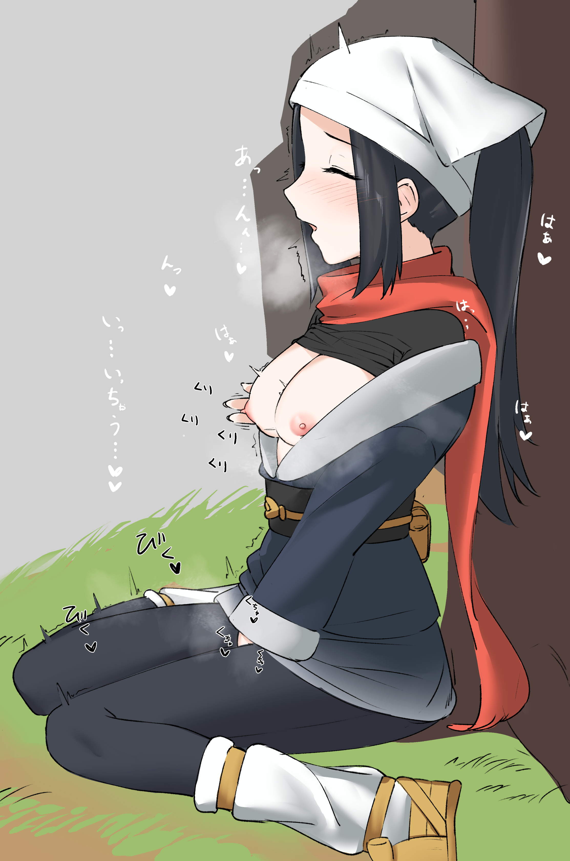 1girls, akari (pokemon), artist request, black hair, blush, breasts, breasts out, closed eyes, clothed, clothed masturbation, clothing, color, exposed breasts, female, fingering, fingering self, footwear, grass, hand on own chest, loose socks, masturbation, nipples, open mouth, open shirt, outdoors, outside, pokemon, pokemon legends: arceus, ponytail, scarf, shivering, simple background, sitting, socks, steam, text, traditional clothes, white socks