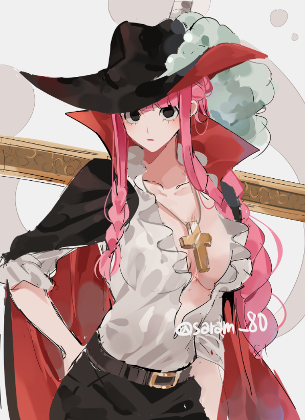 1girls alternate_costume black_eyes blunt_bangs breasts cleavage clothed cross_necklace female female_only hat long_hair one_piece open_shirt perona pink_hair post-timeskip saram_80 slq solo