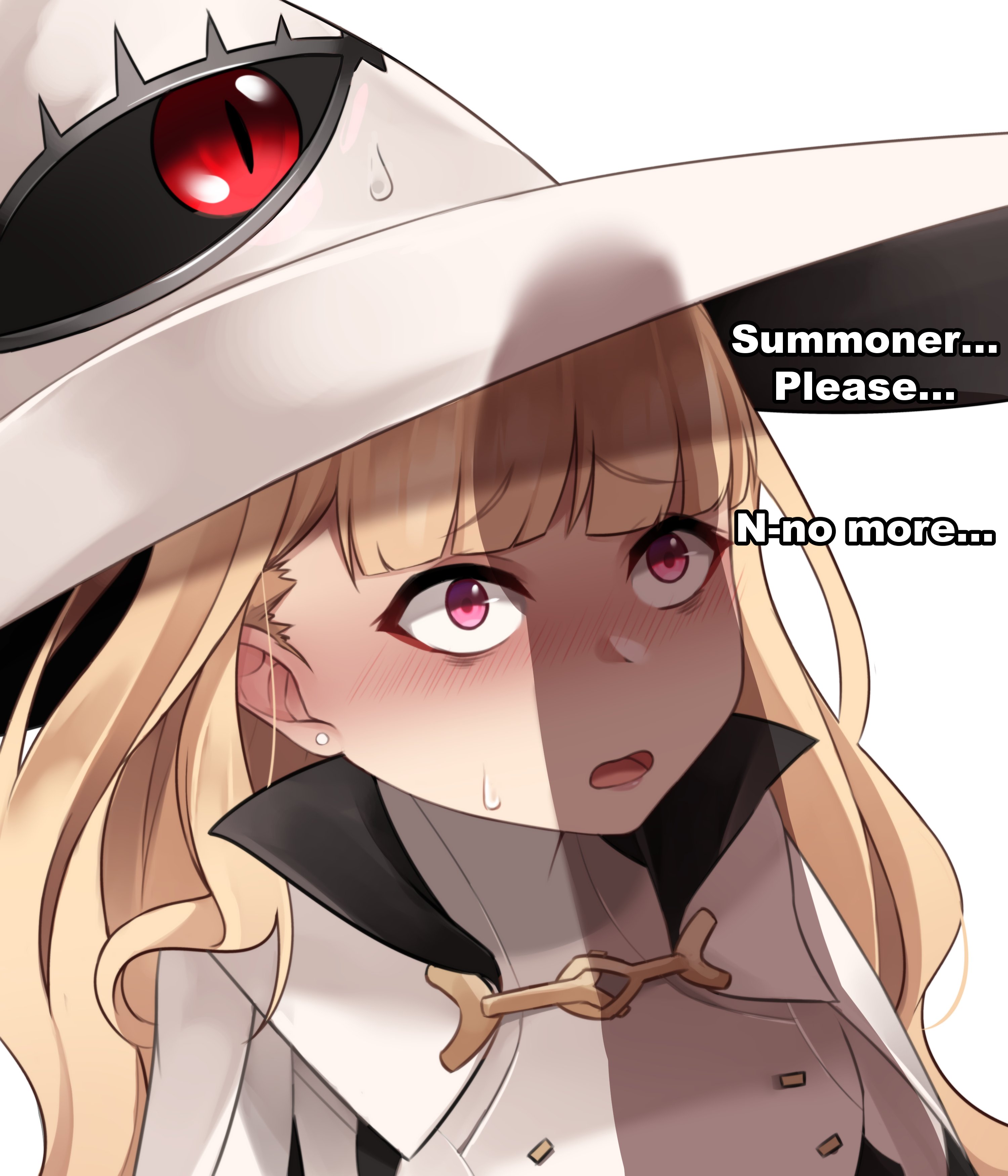 1boy, 1girls, azuri909, bangs, blonde hair, eitri (fire emblem), english text, female, fire emblem, fire emblem heroes, hat, imminent rape, kiran (fire emblem), kiran (fire emblem) (male), long hair, male, nintendo, penis, penis awe, penis shadow, pink eyes, scared, text, white background, witch, witch hat