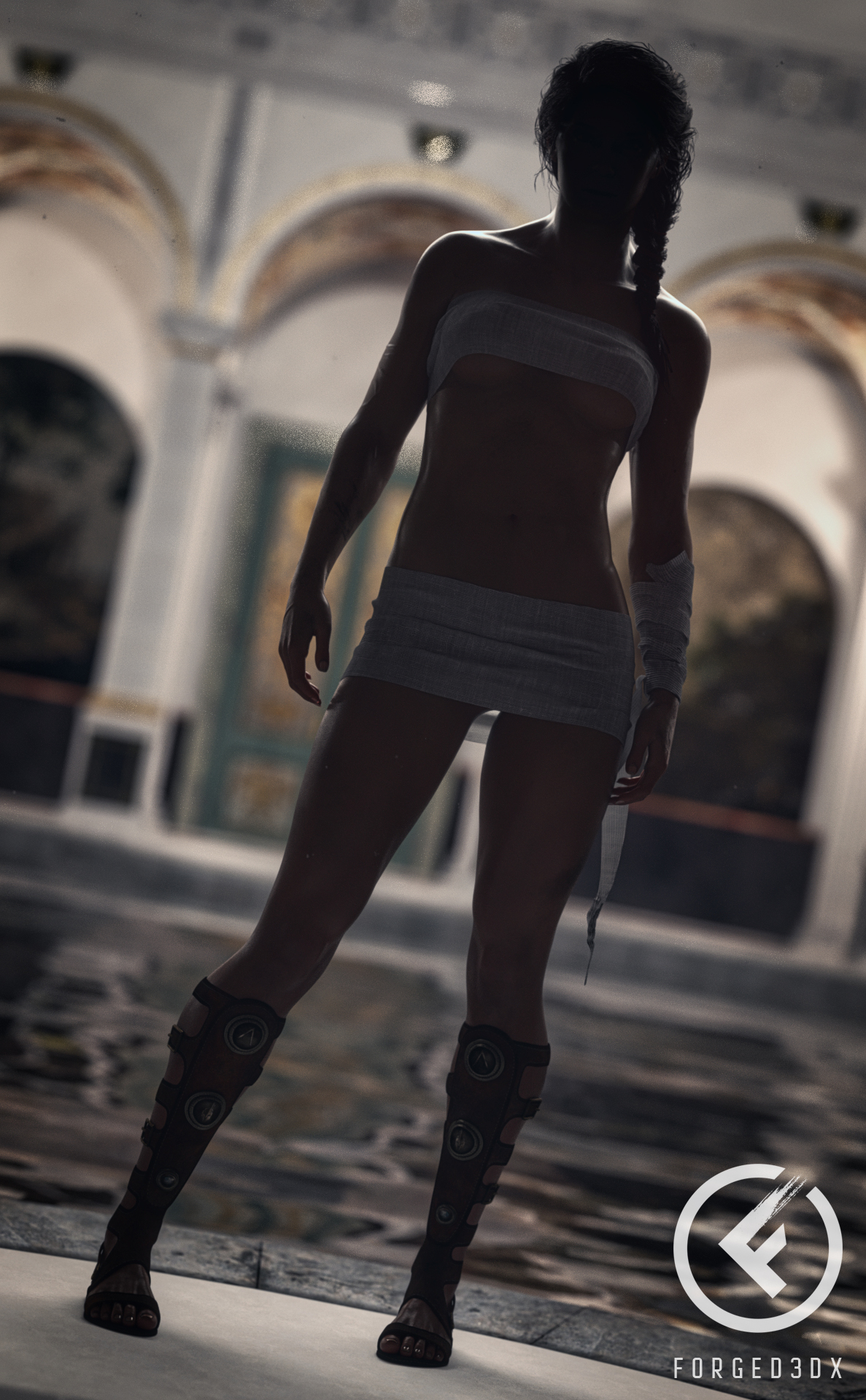 1girls, 3d, 3d (artwork), assassin's creed (series), assassin's creed odyssey, bandage, bandaged arm, braid, braided hair, breasts, female, female focus, female only, female protagonist, forged3dx, hi res, kassandra (assassin's creed), medium breasts, open toe shoes, sandals, shiny skin, short skirt, skirt, solo, solo female, solo focus, ubisoft, underboob