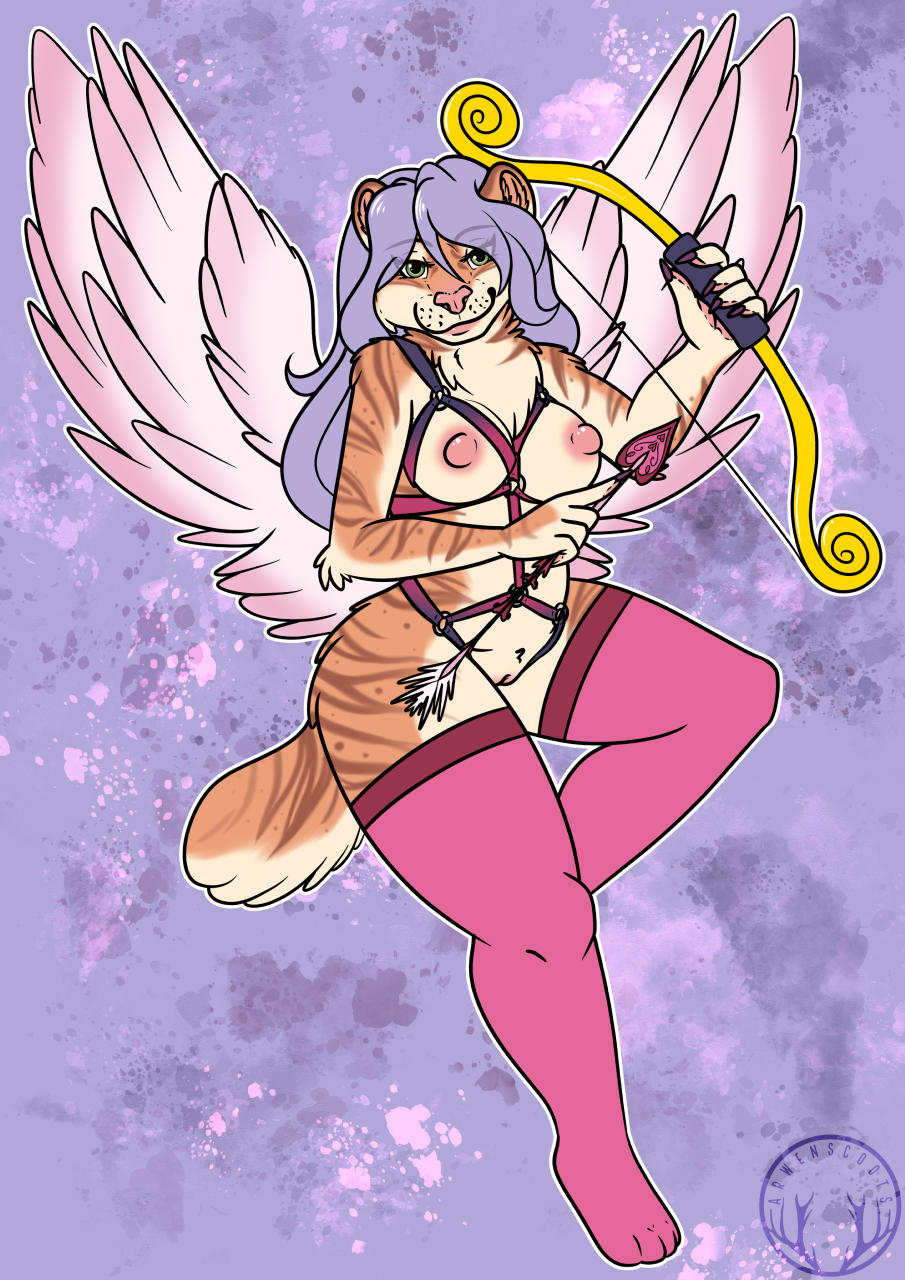 anthro arrow arwenscoots bobtail bow_(weapon) breasts clothing felid female footwear genitals harness hi_res legwear mammal nipples pantherine pinup pose pussy ranged_weapon socks solo thigh_highs thigh_socks tiger weapon wings