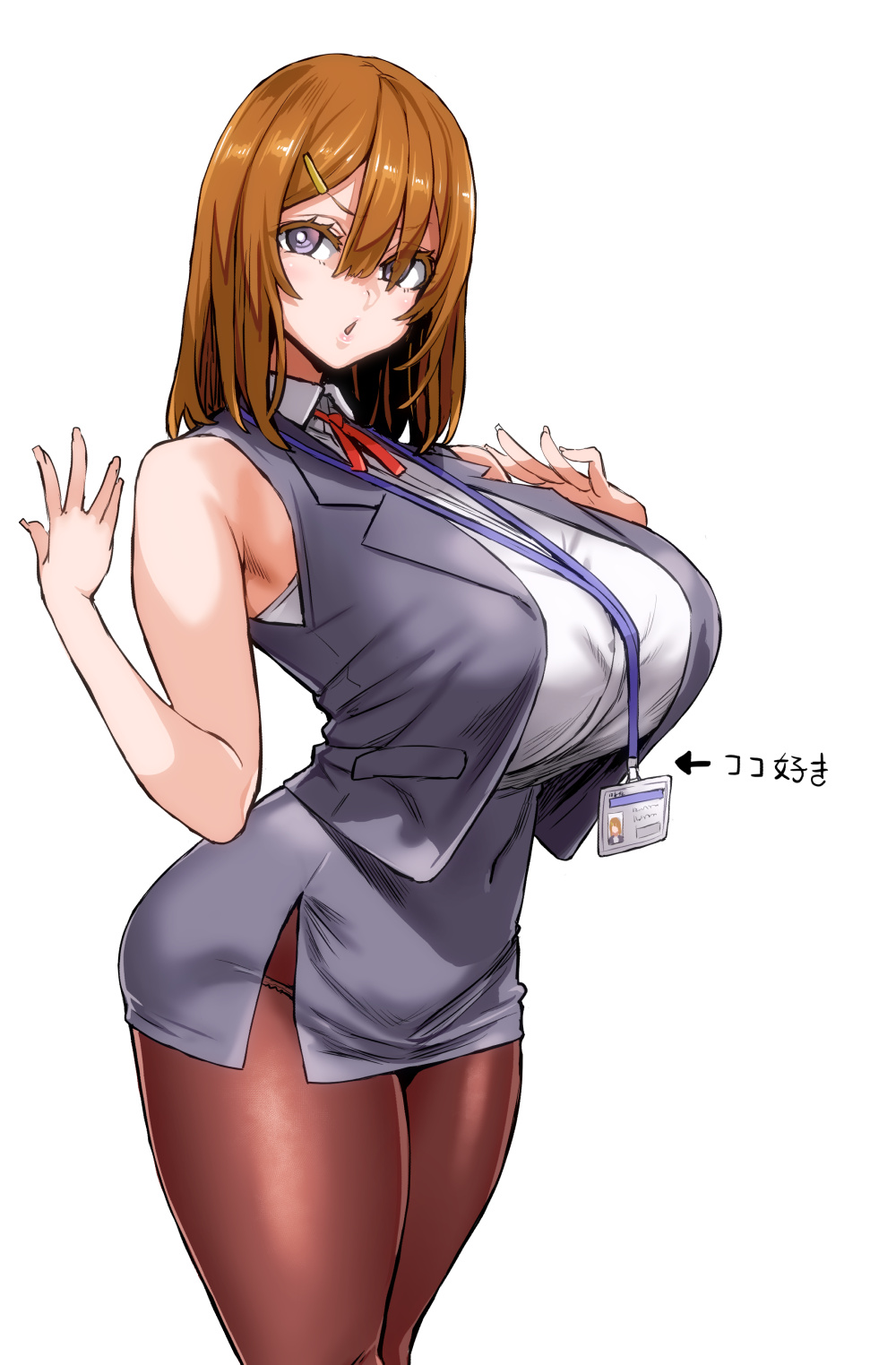 :o armpits asanagi big_breasts blue_eyes breasts brown_hair business_attire business_suit business_woman busty collared_shirt female formal formal_wear hair_ornament hairclip highres huge_breasts id_card lanyard large_breasts mature_female milf neckwear office_lady original pantyhose pencil_skirt shirt short_hair skirt skirt_suit solo suit translated woman_in_suit