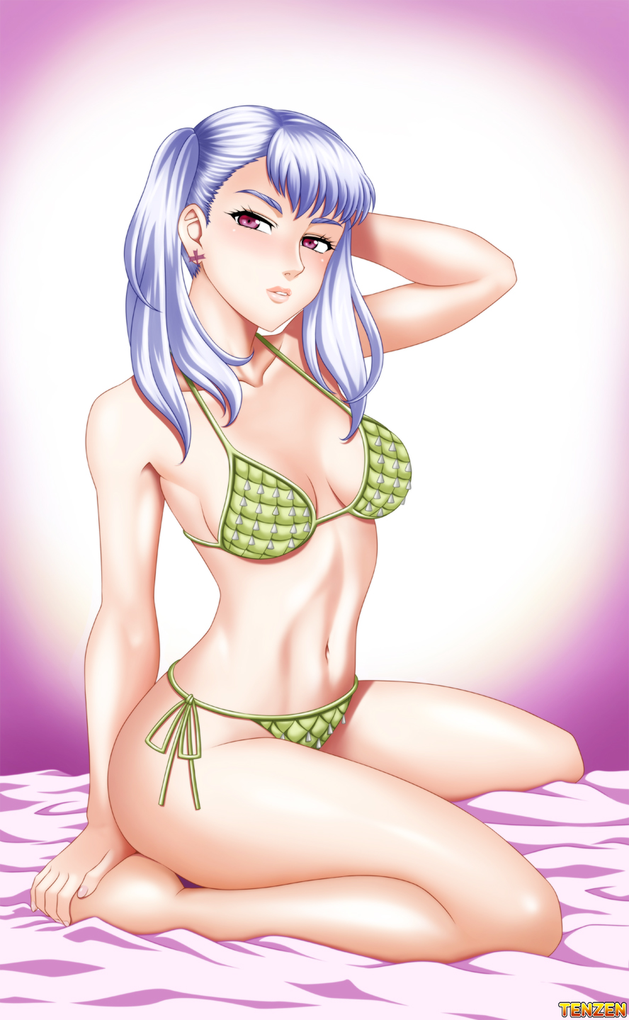 1girls bangs bed bikini black_clover female female_only hand_on_head legs looking_at_viewer medium_breasts noelle_silva pink_eyes pose purple_background silver_hair simple_background sitting solo tenzen toned twintails white_background