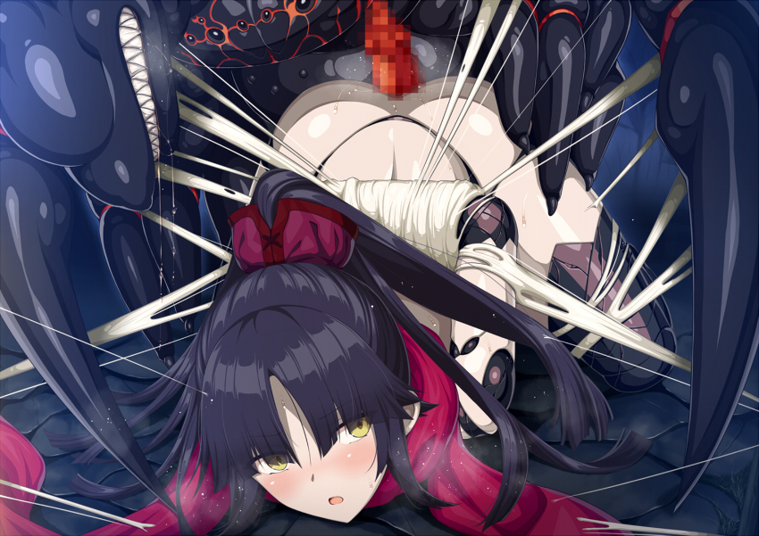 arms_behind_back ass bangs bare_shoulders bestiality black_hair blush bound bound_arms breasts bug censored erection fate/grand_order fate_(series) female horosuke_(toot08) imminent_penetration imminent_rape joints katou_danzou_(fate) long_hair looking_at_viewer mechanical_arms monster open_mouth parted_bangs penis ponytail red_scarf restrained robot_joints scarf silk spider spider_web straight teeth thighs top-down_bottom-up yellow_eyes zoophilia