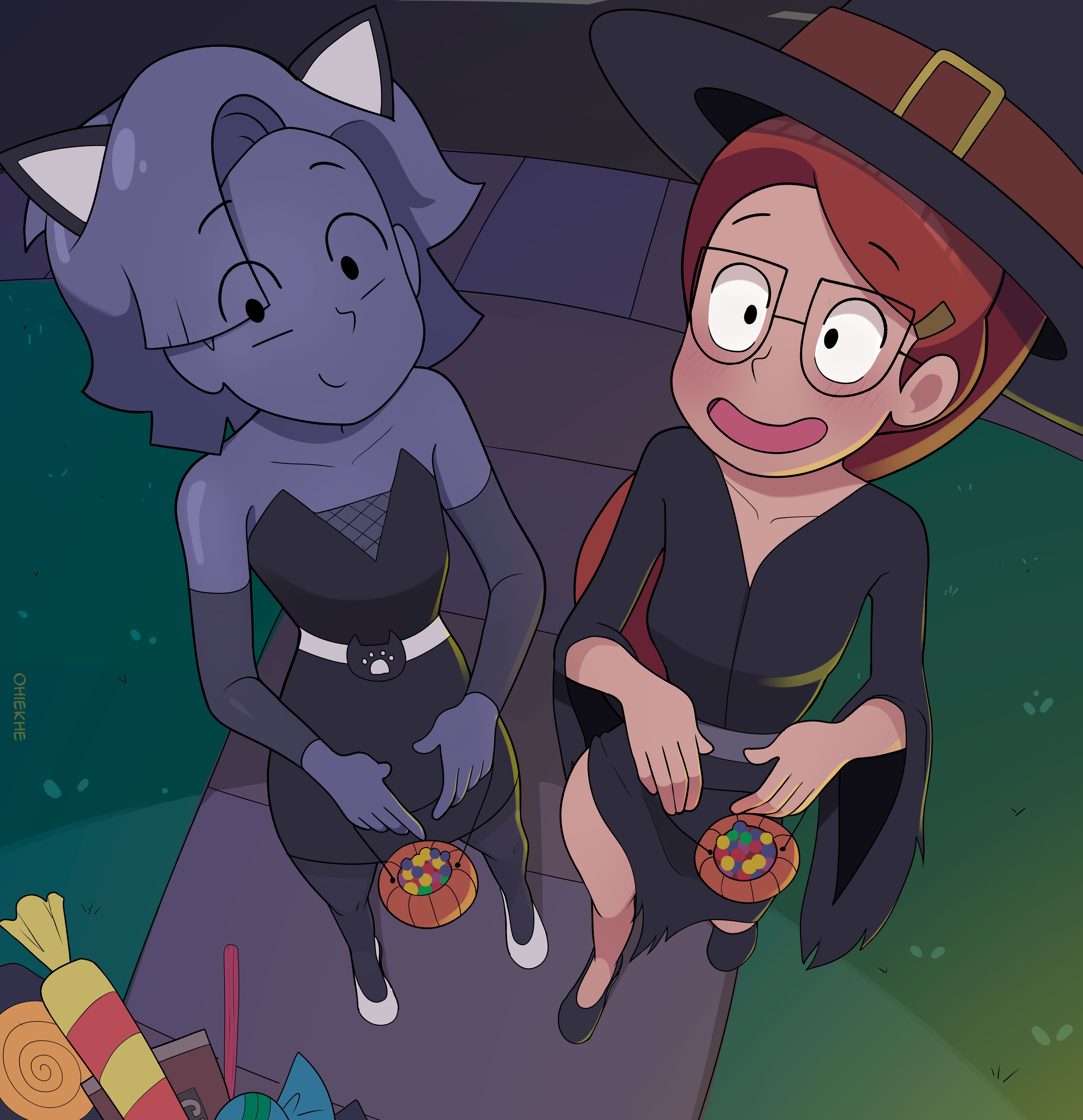 2girls, absurd res, blush, breasts, candy, cartoon network, cat ears, costume, female, flats, glasses, grey skin, halloween, infinity train, lake (infinity train), light skin, light-skinned female, looking at viewer, metal, metal breasts, metal girl, metal hair, metal skin, metallic body, ohiekhe, orange hair, outdoors, outside, pov, short hair, silver eyes, silver hair, silver skin, smile, trick or treat, tulip olsen, watermark, witch costume, witch hat