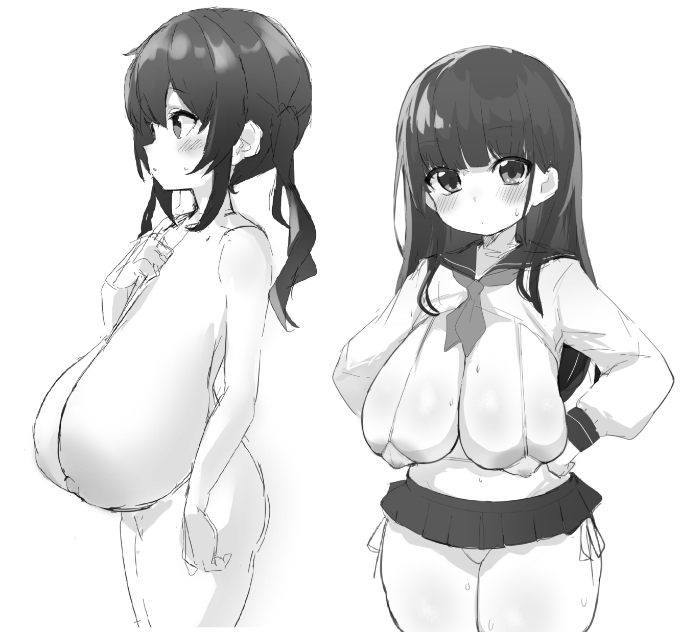 2girls, areolae, bikini, bikini under clothes, blush, breasts, cleavage, clothing, cowboy shot, eyebrows visible through hair, female, gigantic breasts, greyscale, long hair, micro bikini, microskirt, monochrome, multiple girls, neoguloliko, nipples, nude, oggu (neoguloliko), oggu-chan (neoguoguko), ogu (oguogu0523), original, school uniform, serafuku, shortstack, skirt, sweat, swimsuit, swimsuit under clothes, tied hair, twintails, uniform