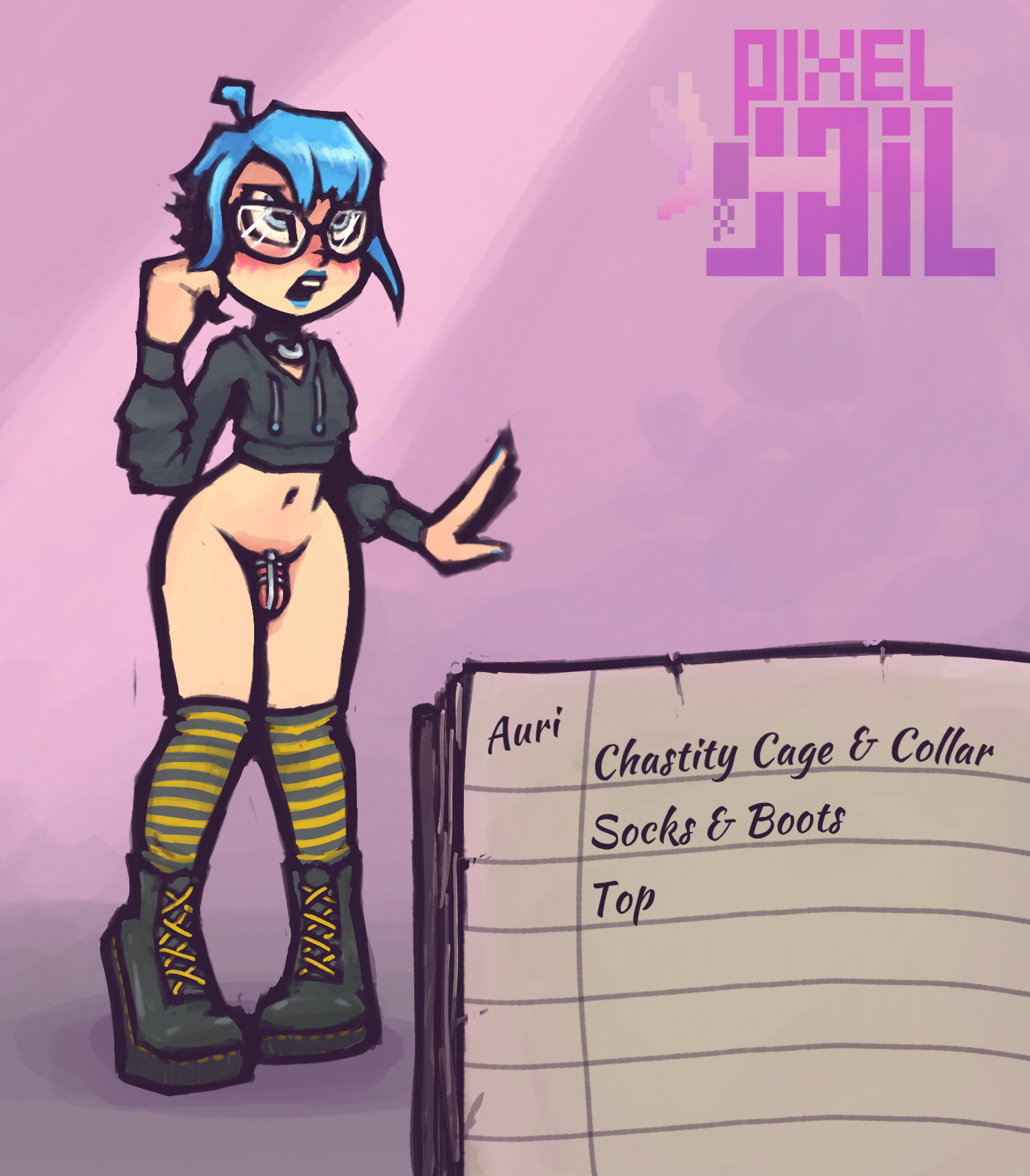 1boy, blue eyes, blue hair, boots, bottomless, chastity, chastity cage, chastity device, clothed, clothing, cock cage, collar, crop top, english text, femboy, glasses, male, penis, pixeljail, sissy, solo, solo focus, solo male, tagme, text, trap