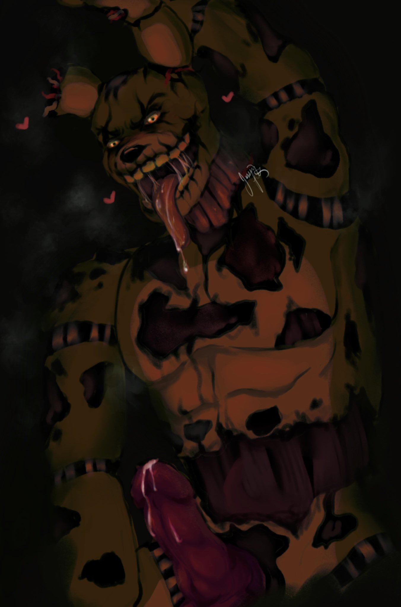 animatronic, anthro, bodily fluids, bunny, dick, five nights at freddy's, fur, furry, green body, male, male only, nude, penis, precum, robot, solo, solo male, springtrap, springtrap (fnaf), sweat, tongue