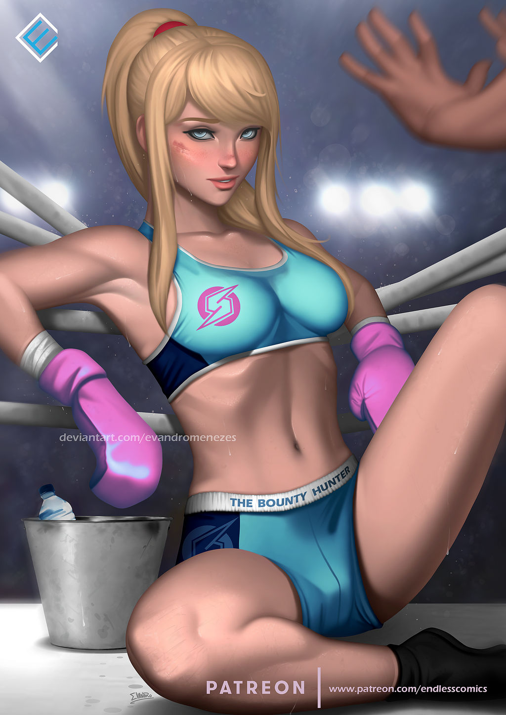 1girls arena armpit bare_shoulders black_shoes blonde_hair blue_eyes boxers boxing boxing_gloves boxing_ring bruise bucket cyan_bra cyan_clothing cyan_eyes cyan_shorts evandromenezes female freckles gloves hands light-skinned_female light_skin lips little_mac looking_at_viewer medium_breasts metroid midriff nintendo pink_boxing_gloves pink_gloves ponytail punch_out samus_aran shoes shorts smile solo sports_bra sports_shorts sportswear sweat sweating tied_hair tomboy water_bottle