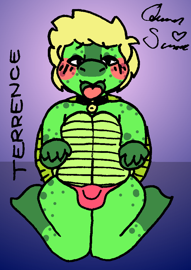 anthro bell big_bulge black_collar blonde_hair blush blush_lines bulge clothing collar flat_colors freckles freckles_on_butt freckles_on_shoulders gradient_background green_body green_scales green_shell hair looking_at_viewer looking_pleasured male male_only no_shading open_mouth pantie_bulge panties paw_pose pose queen_susie red_clothing red_panties red_underwear reptile scales scalie shell signature simple_background solo submissive submissive_anthro submissive_male terrence_(wetwaffls) text tongue tongue_out tortoise turtle turtle_shell underwear wide_hips