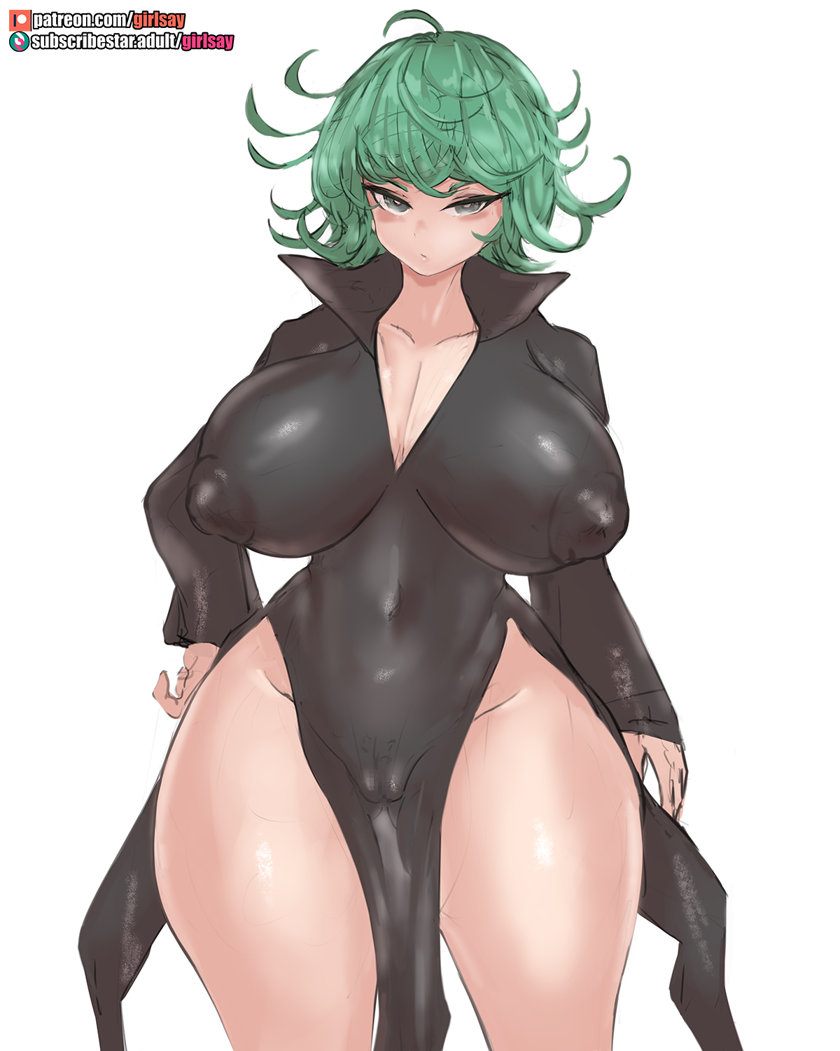 1girls, big breasts, black dress, blush, breasts, breasts apart, cameltoe, dress, female, girlsay, green eyes, green hair, large breasts, looking at viewer, navel, nipple bulge, nipples, one-punch man, pussy, short hair, skin tight, solo, solo female, tatsumaki, thick thighs, wide hips