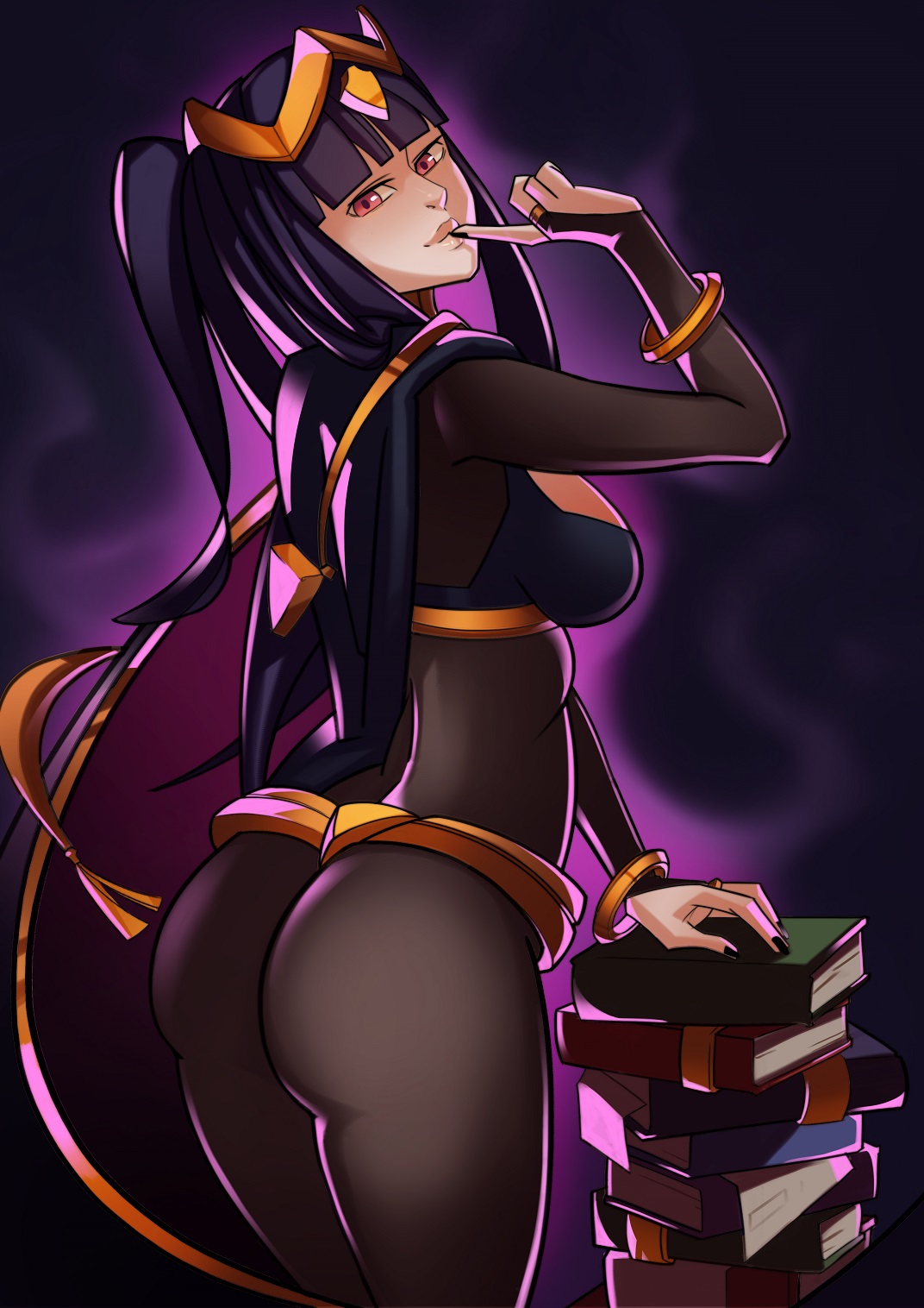 1girls, ass, bangs, big ass, black nails, bodystocking, book, book stack, breasts, cape, clothed, clothing, female, female only, fire emblem, fire emblem awakening, long hair, looking back, medium breasts, nail polish, nintendo, pink eyes, purple hair, smile, solo, splashbrush, tharja (fire emblem)
