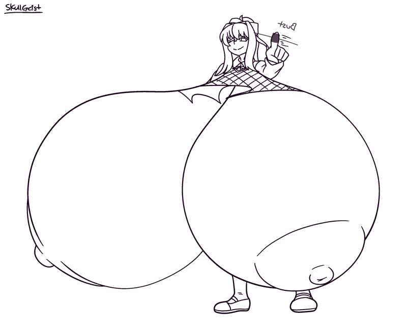 1girls, areola, areolae, attribute slider, big breasts, black and white, breast expansion, breast growth, breast growth (enlargement), breast slider, breasts, breasts bigger than head, doki doki literature club, english text, female, female only, full body, game mechanics, gigantic breasts, huge breasts, human, human only, humanoid, hyper, hyper breasts, large breasts, massive breasts, monika (doki doki literature club), nipples, one eye closed, ripped clothing, simple background, sketch, skullgeist, slider, solo, solo female, standing, tagme, text, top heavy, torn clothes, torn clothing, wardrobe malfunction, watermark, white background