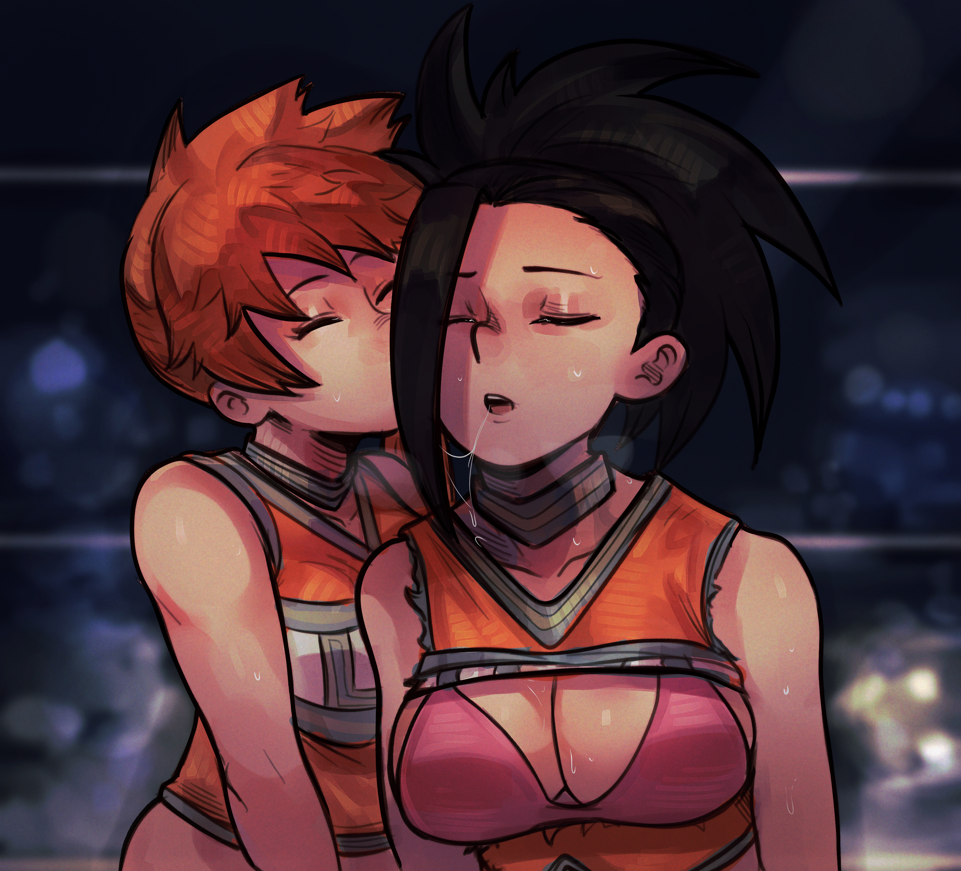 2girls, black hair, black-haired female, breasts, cheerleader, cheerleader uniform, female, female only, femdom, fluffydango, itsuka kendou, kendou itsuka, lezdom, momo yaoyorozu, multiple females, multiple girls, my hero academia, orange hair, orange-haired female, side ponytail, u.a. cheerleader outfit, yaoyorozu momo, yuri
