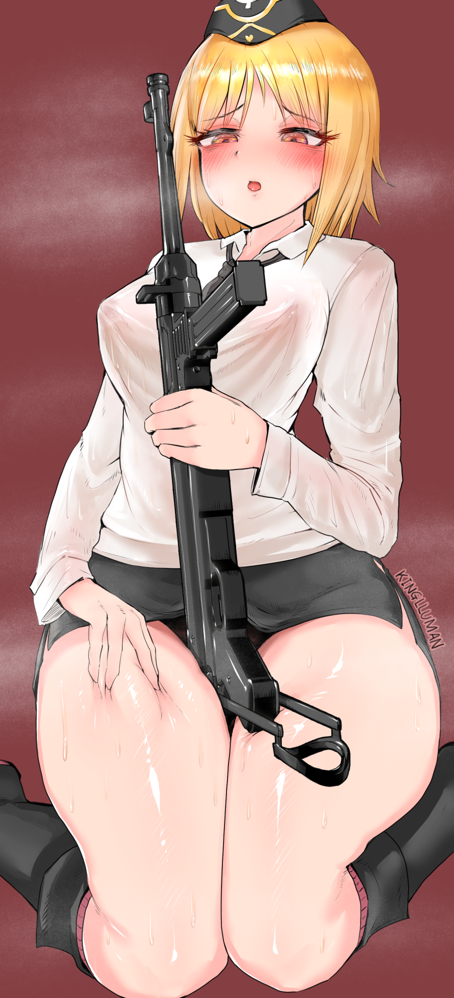 bangs beret between_thighs black_footwear black_skirt blonde_hair blush boots breasts collared_shirt covered_nipples deep_skin eyebrows_visible_through_hair female girls'_frontline gun hat heavy_breathing highres holding holding_weapon kinglluman kneeling large_breasts miniskirt mp40 mp40_(girls'_frontline) open_mouth see-through shirt short_hair simple_background skirt solo submachine_gun sweat thighs weapon white_shirt yellow_eyes