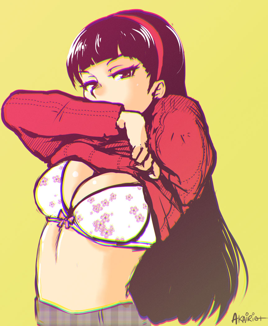 1girls, akairiot, amagi yukiko, asian, asian female, atlus, black hair, bow, bow bra, bra, breasts, cleavage, clothing, female, female only, floral print, floral print bra, large breasts, light skin, light-skinned female, long hair, medium hair, persona, persona 4, print bra, shirt, shirt lift, shirt lifted by self, simple background, skirt, solo, solo female, undressing, white bra, yellow background