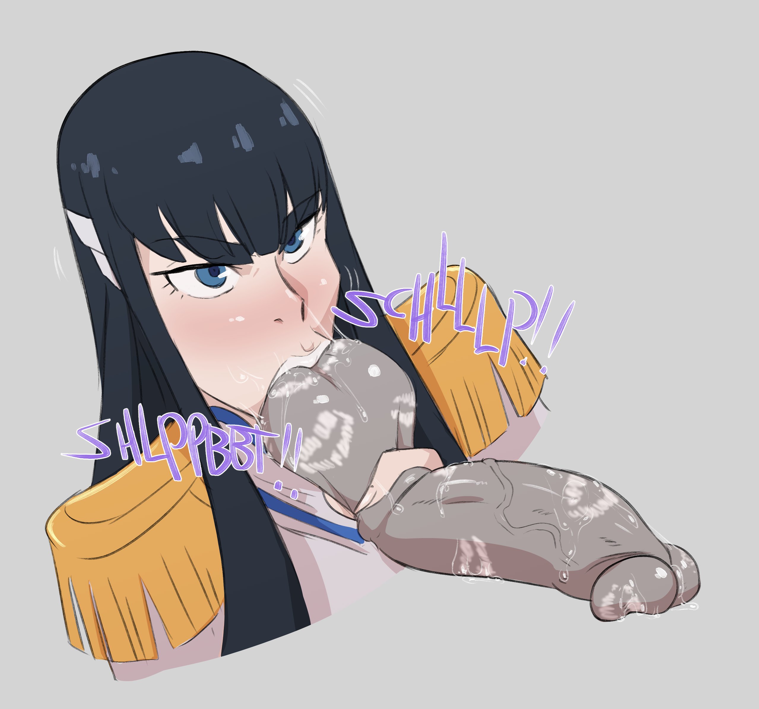 1boy, 1girls, balls, balls sucking, clothed female nude male, disembodied penis, faceless male, female, guillion (toshkarts), huge cock, junketsu, kill la kill, kiryuuin satsuki, kiss mark, lipstick on balls, lipstick on penis, male, oral, penis, saliva, text, white lipstick