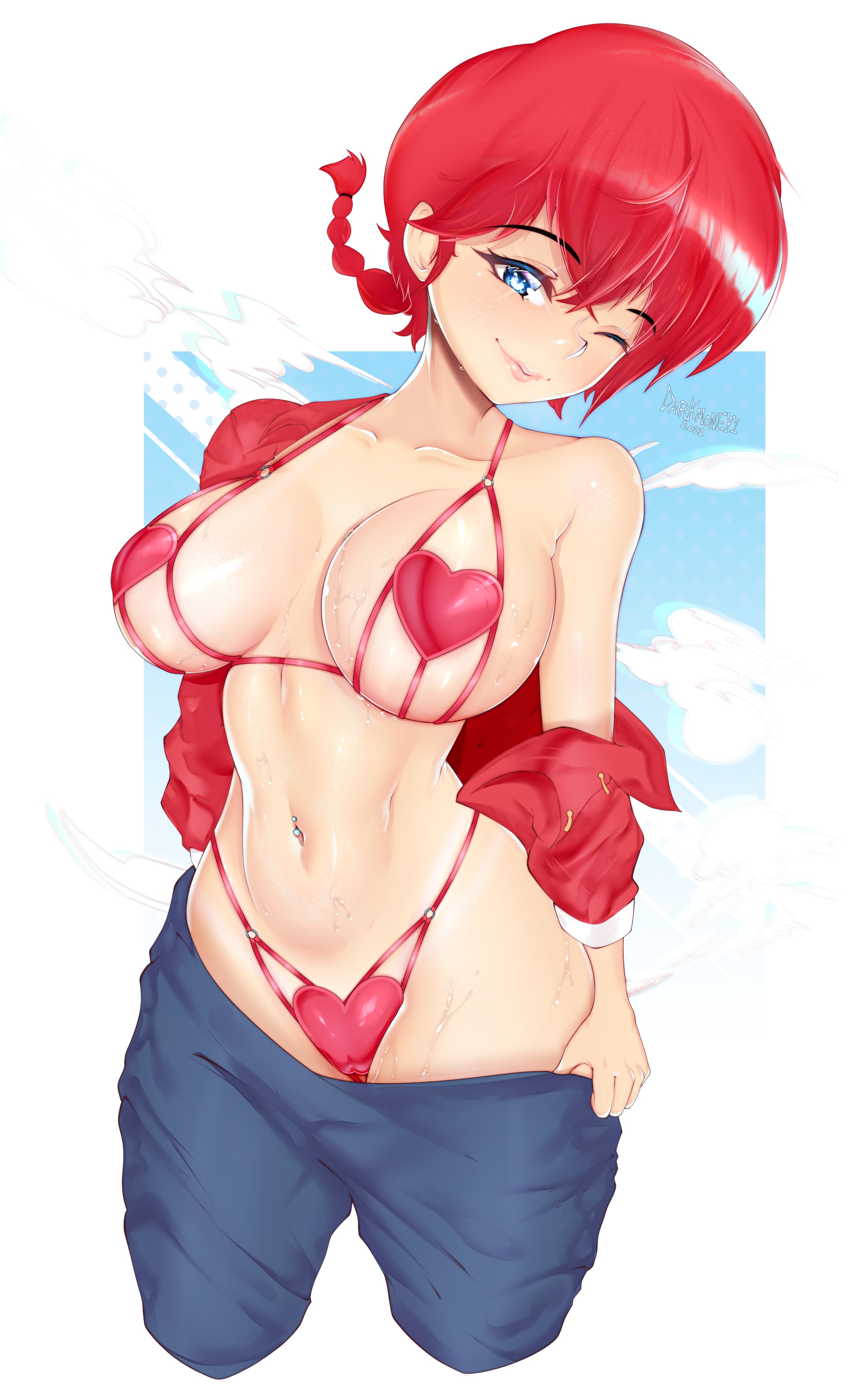 1girls, belly button piercing, blue eyes, bra, breasts, clothing, darkmoney1, female, female only, heart bikini, heart shape, large breasts, lingerie, panties, pigtail, pink lips, ranma 1/2, ranma saotome, ranma-chan, red hair, smirk, solo, sweating, thin lips, wink