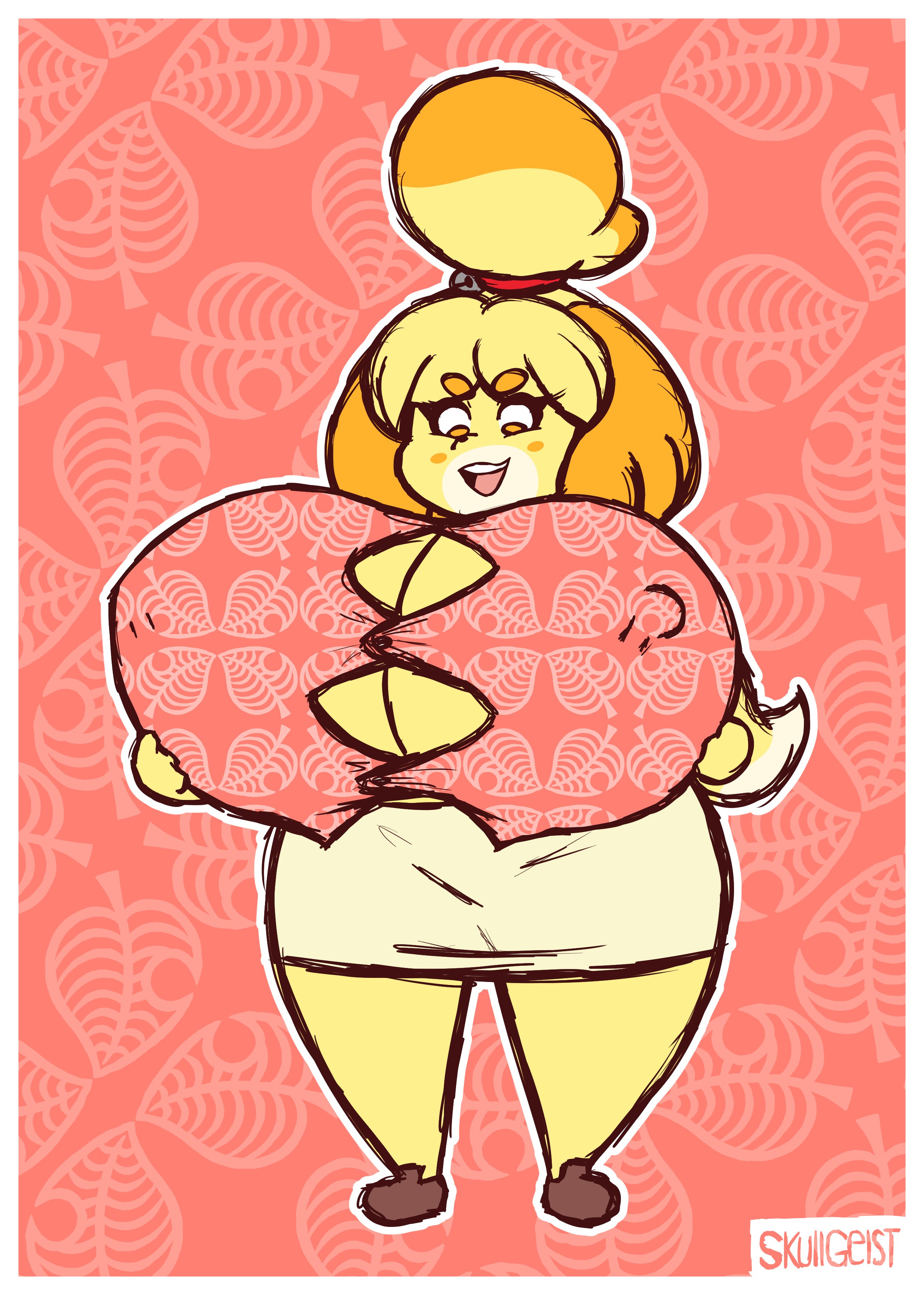 1girls, 5:7, alternate breast size, animal crossing, anthro, anthro only, anthrofied, ass expansion, big breasts, breast expansion, breast growth, breast growth (enlargement), breasts, button gap, canine, canine humanoid, covered nipples, dog girl, erect nipples, expansion, eyebrows, eyelashes, female, female only, full body, furry, hips, huge breasts, humanoid, hyper breasts, isabelle (animal crossing), large breasts, nintendo, nipple bulge, nipples, sequence, skullgeist, solo, solo female, standing, text, thick, thick thighs, thighs, watermark, wide hips