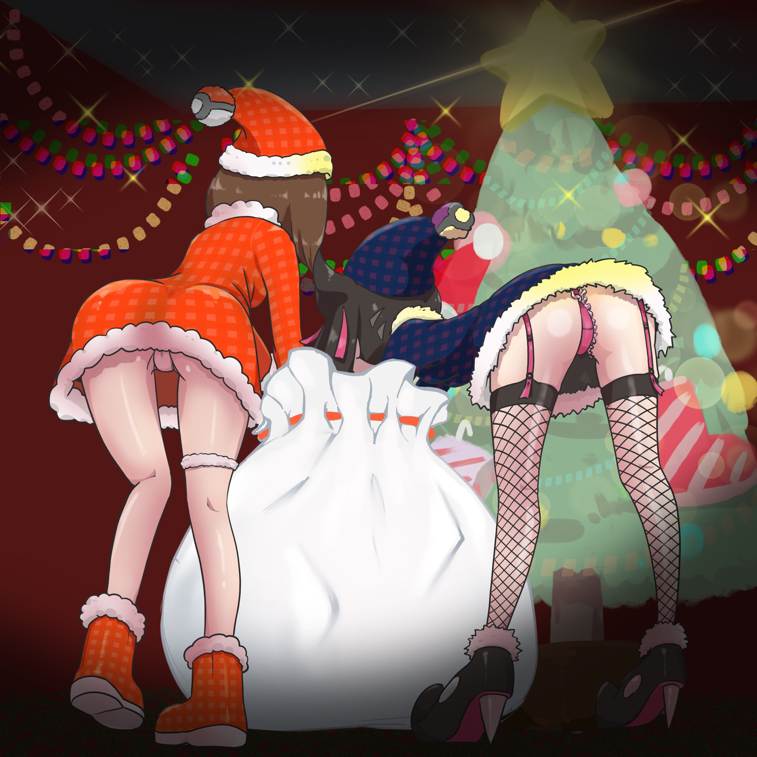 2girls, ass, boots, christmas, female, female only, fishnets, gloria (pokemon), heels, human, human only, marnie (pokemon), microsd (artist), multiple females, multiple girls, nintendo, panties, pokemon, pokemon ss, short hair, tree, upskirt