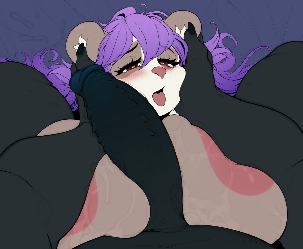1boy, 1girls, anthro, areolae, bear, big breasts, black body, blush, breast squeeze, breasts, brown eyes, cheek press, face grab, female, female focus, heart-shaped pupils, kaze (kazeattor), long hair, looking at viewer, male, male on top, monster cock, narrowed eyes, open mouth, panda, panda ears, penis, penis on face, pov, pov eye contact, purple hair, sitting on person, sukebe, sukebepanda, tongue, tongue out, ursid